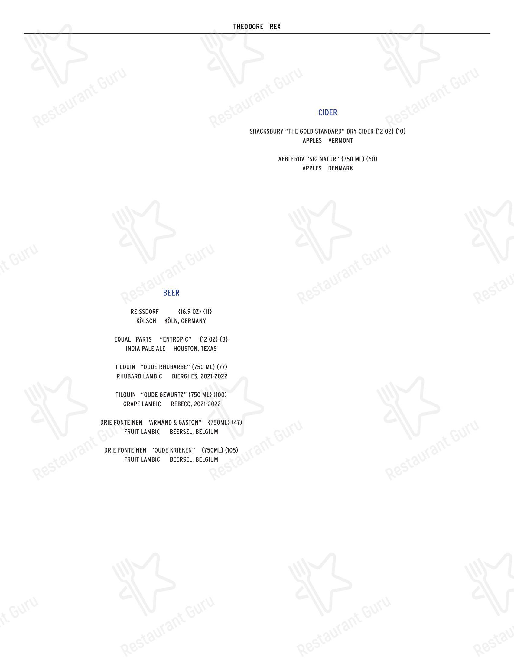Dinner Menu ресторана Theodore Rex в Хьюстоне