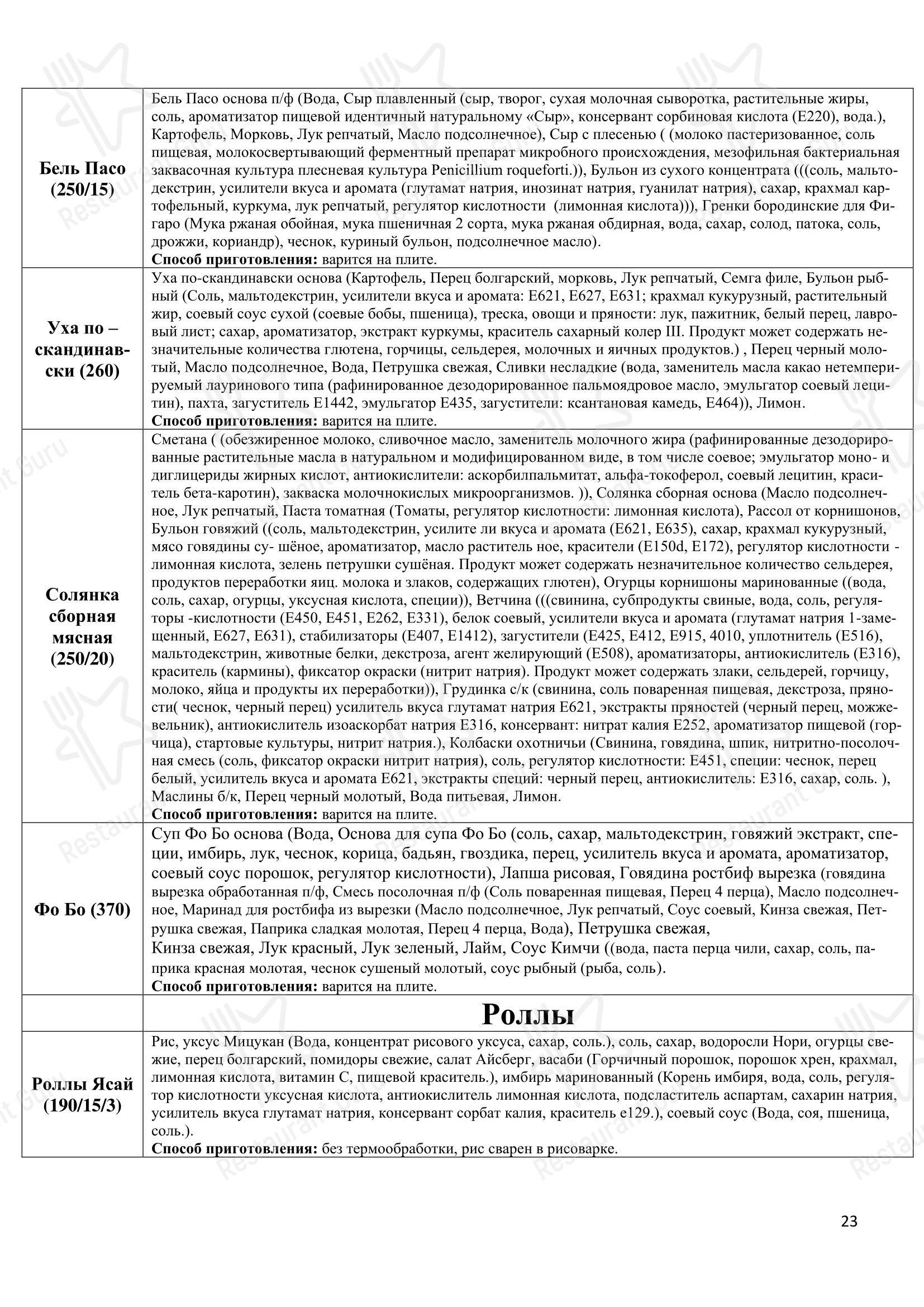 Меню напитков ресторана Томато