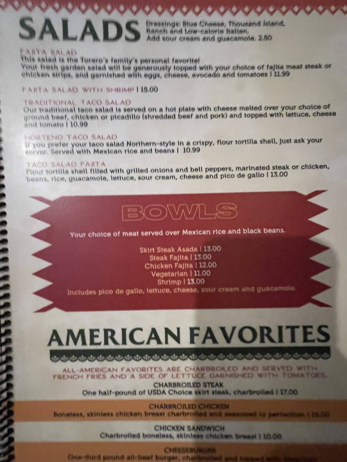 Torero's Mexican Restaurant меню