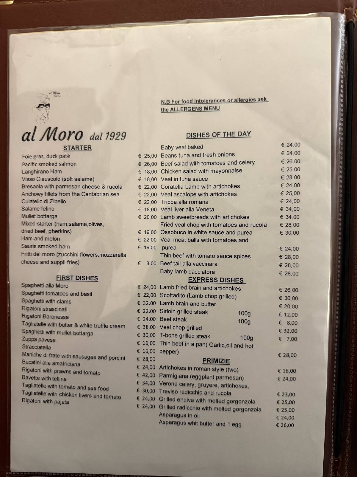 Trattoria al Moro меню