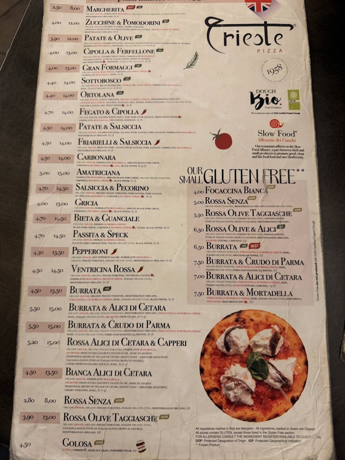 Trieste Pizza меню