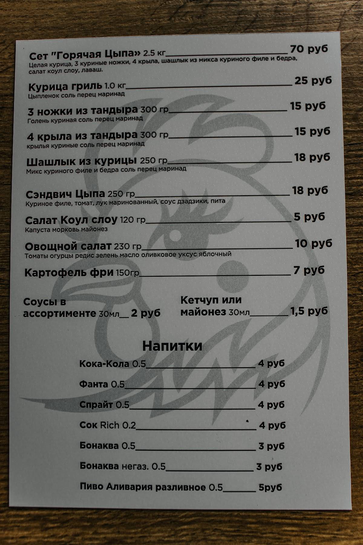 Цыпа меню