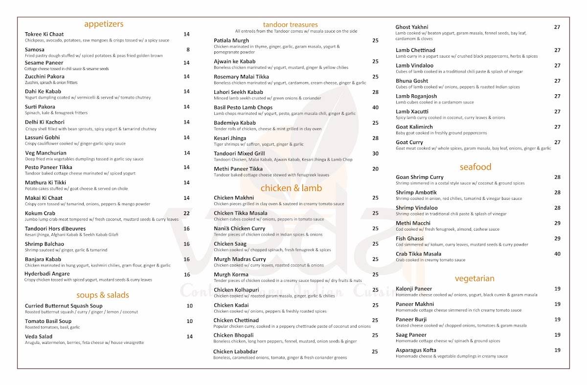 Veda Tenafly NJ Indian BYOB NJ Restaurant (Contemporary Indian Cuisine ) меню