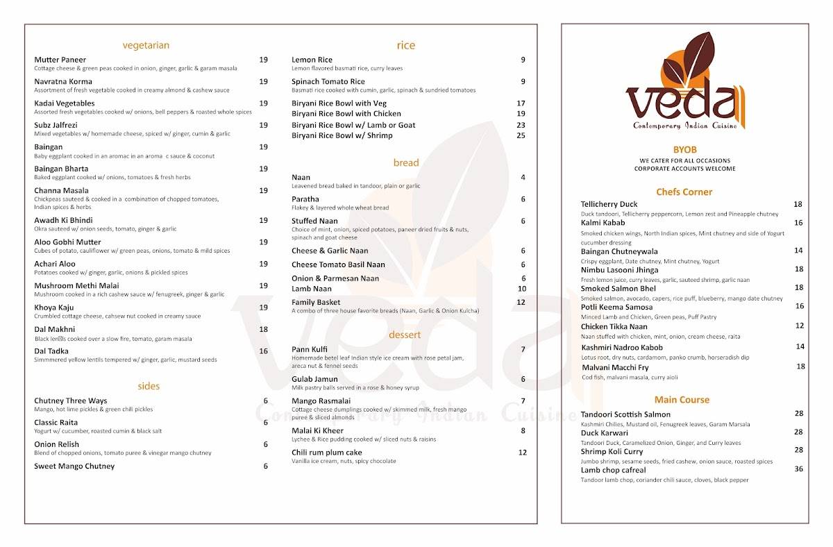 Veda Tenafly NJ Indian BYOB NJ Restaurant (Contemporary Indian Cuisine ) меню