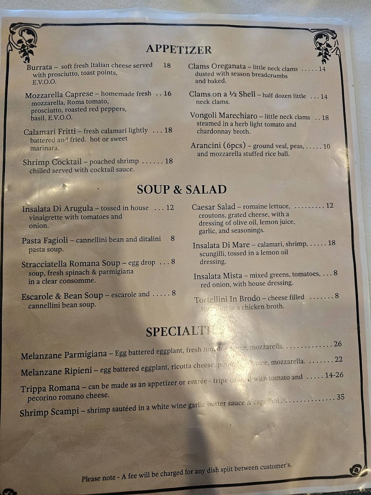 Via Veneto Italian Ristorante меню