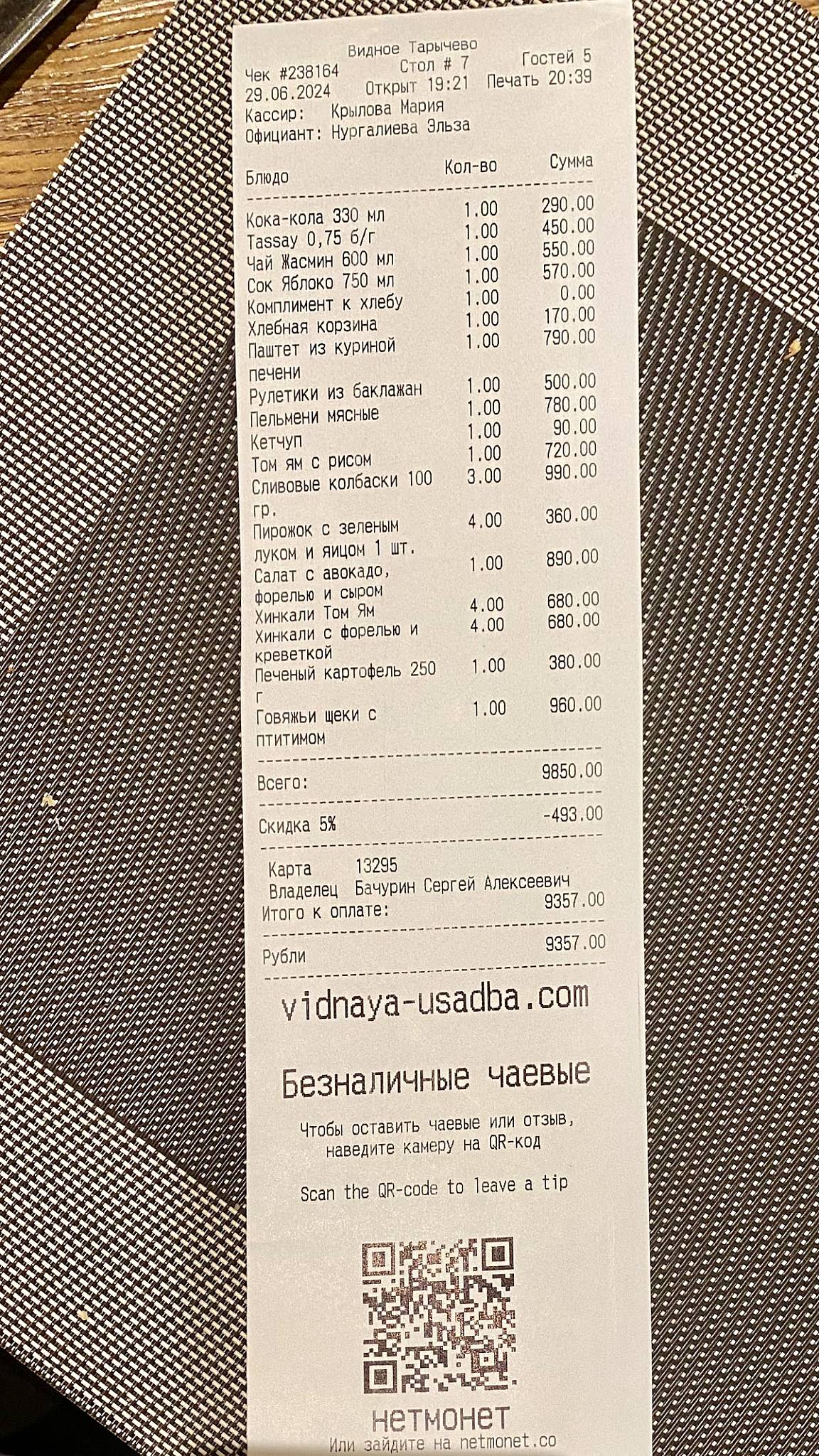 Видная Усадьба меню