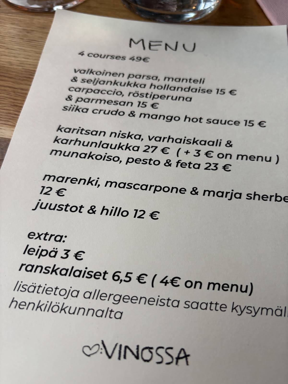 Vinossa меню
