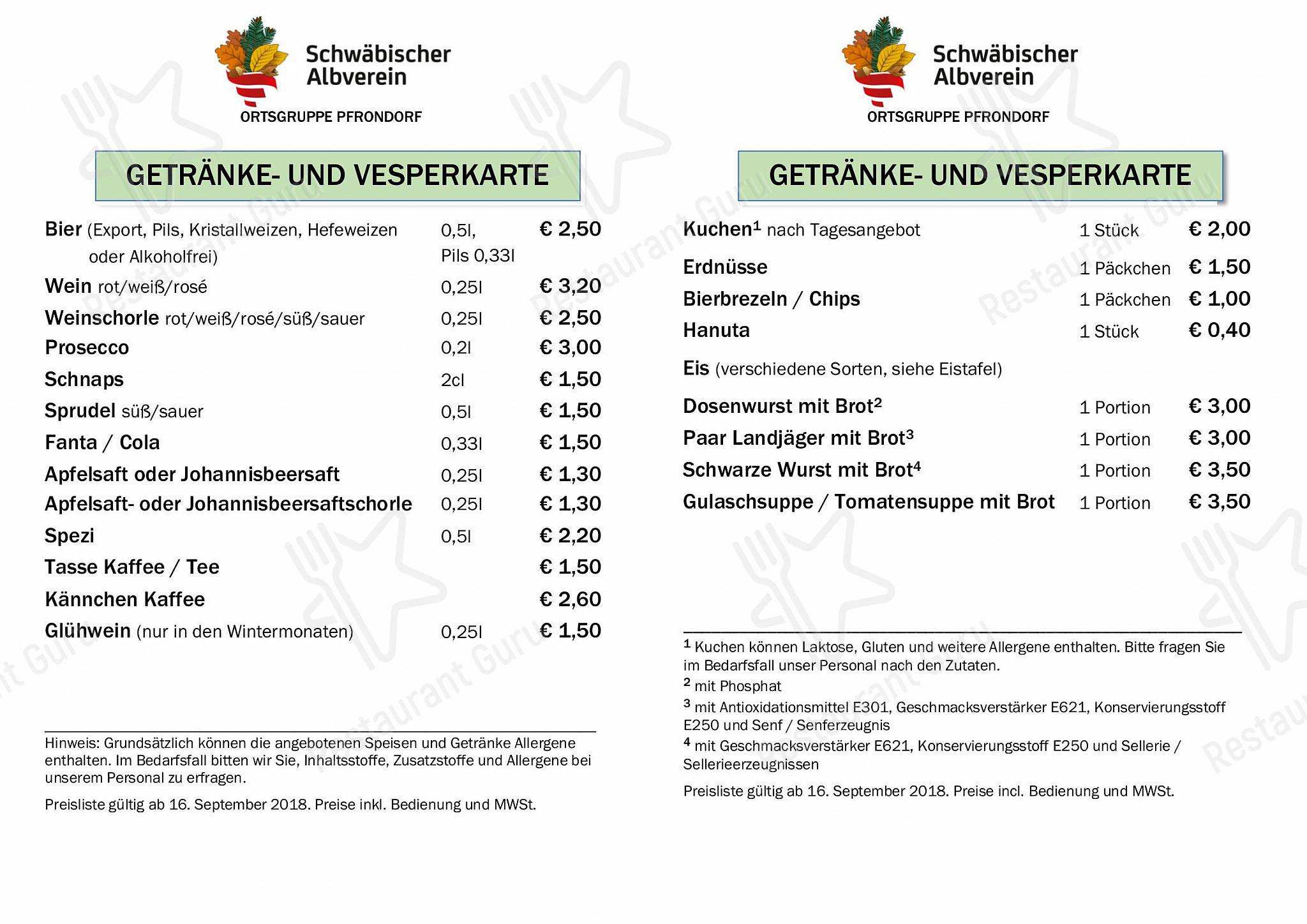 Wanderheim Rauhalde в Тюбингене - Меню