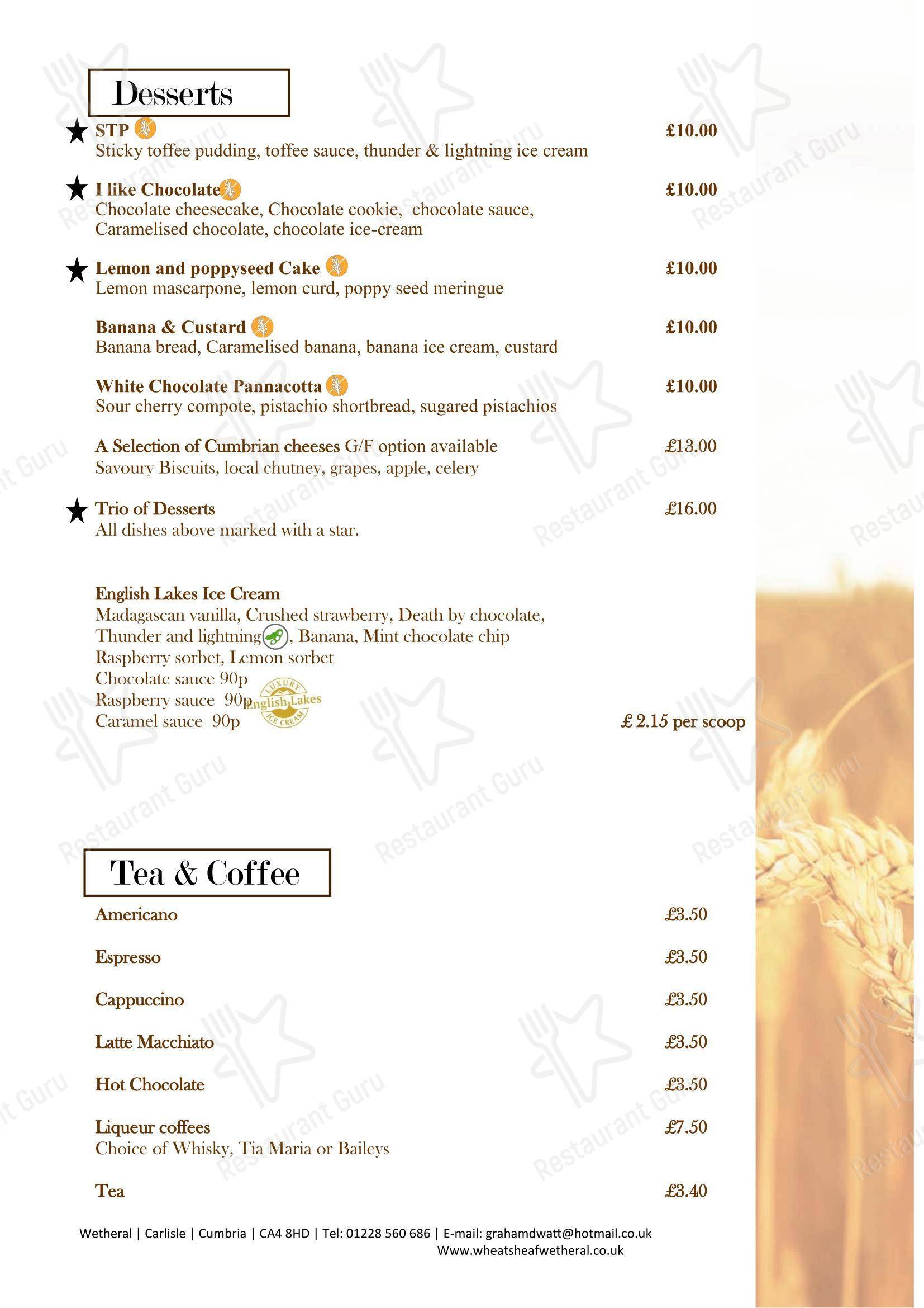 Основное меню паба и бара Wheatsheaf Inn