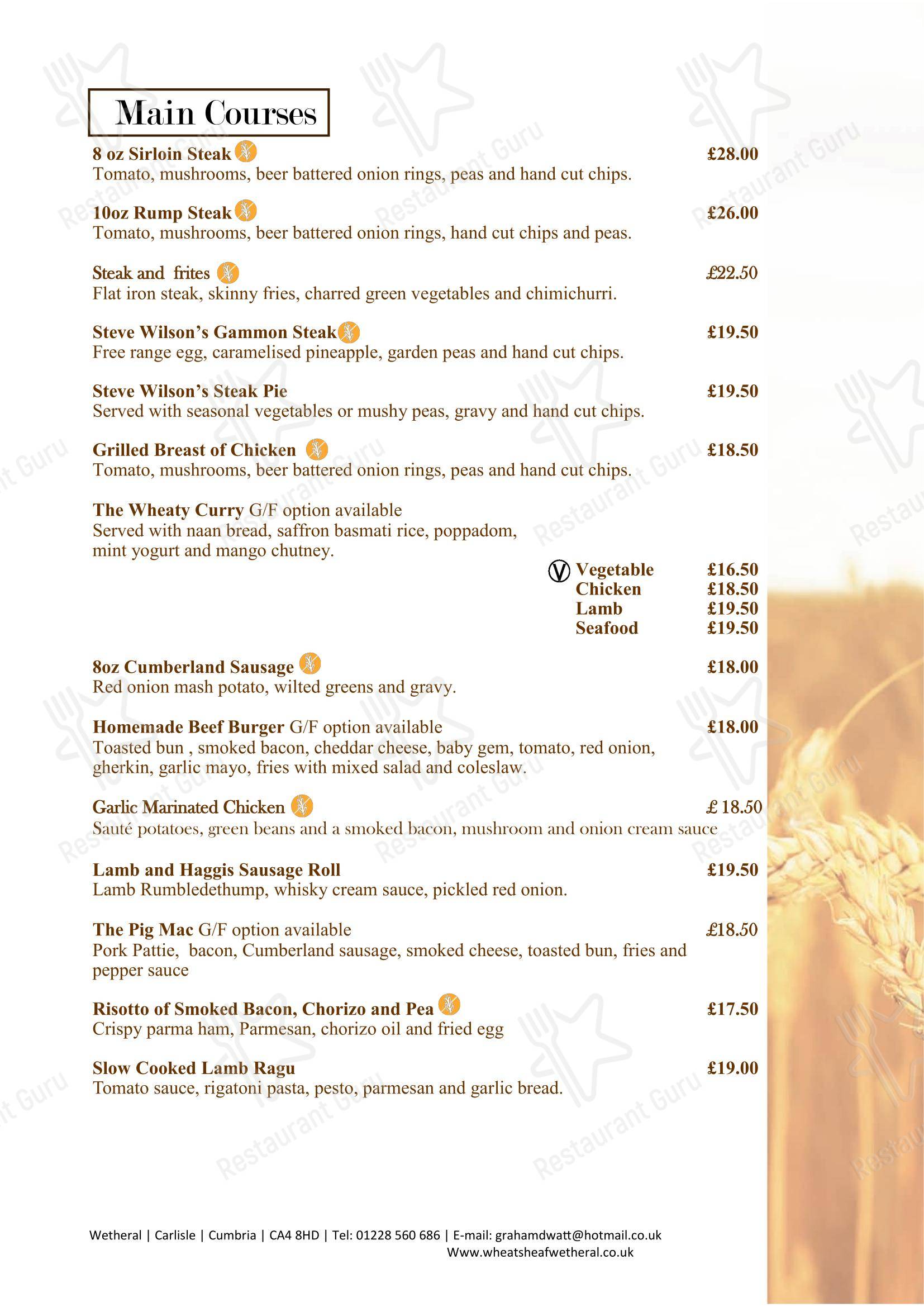 Основное меню паба и бара Wheatsheaf Inn