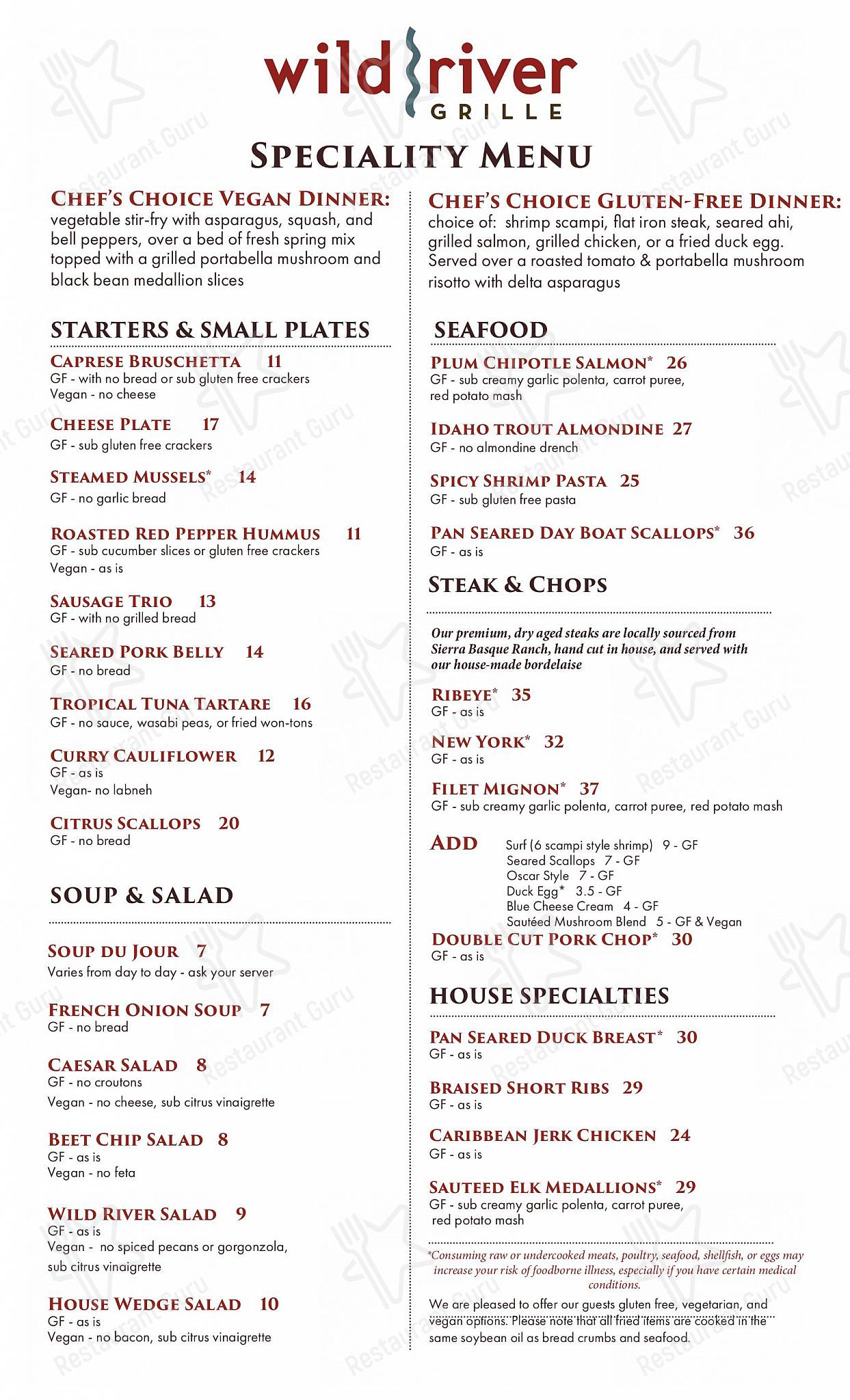 Special menu паба и бара Wild River Grille