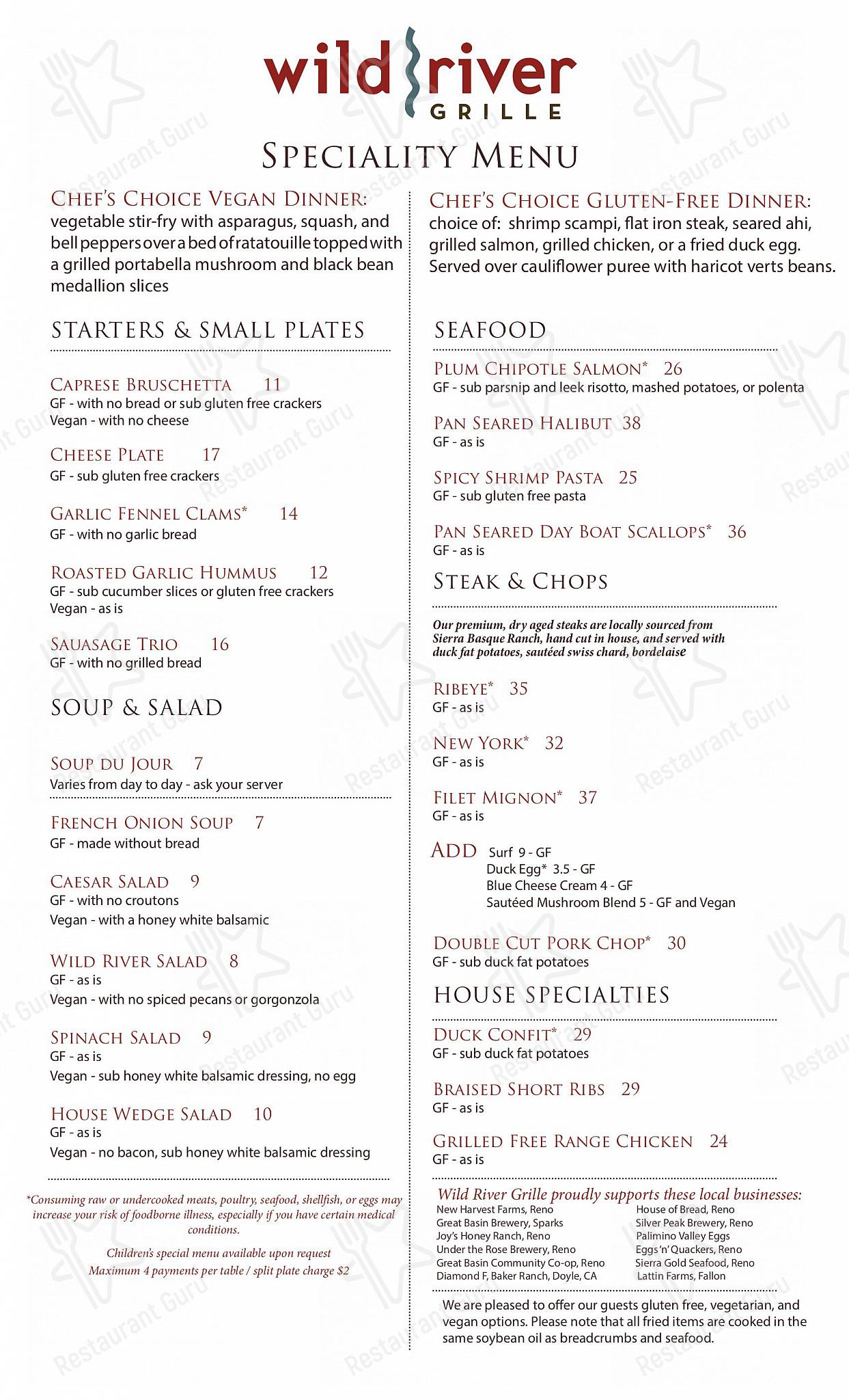 Special menu паба и бара Wild River Grille