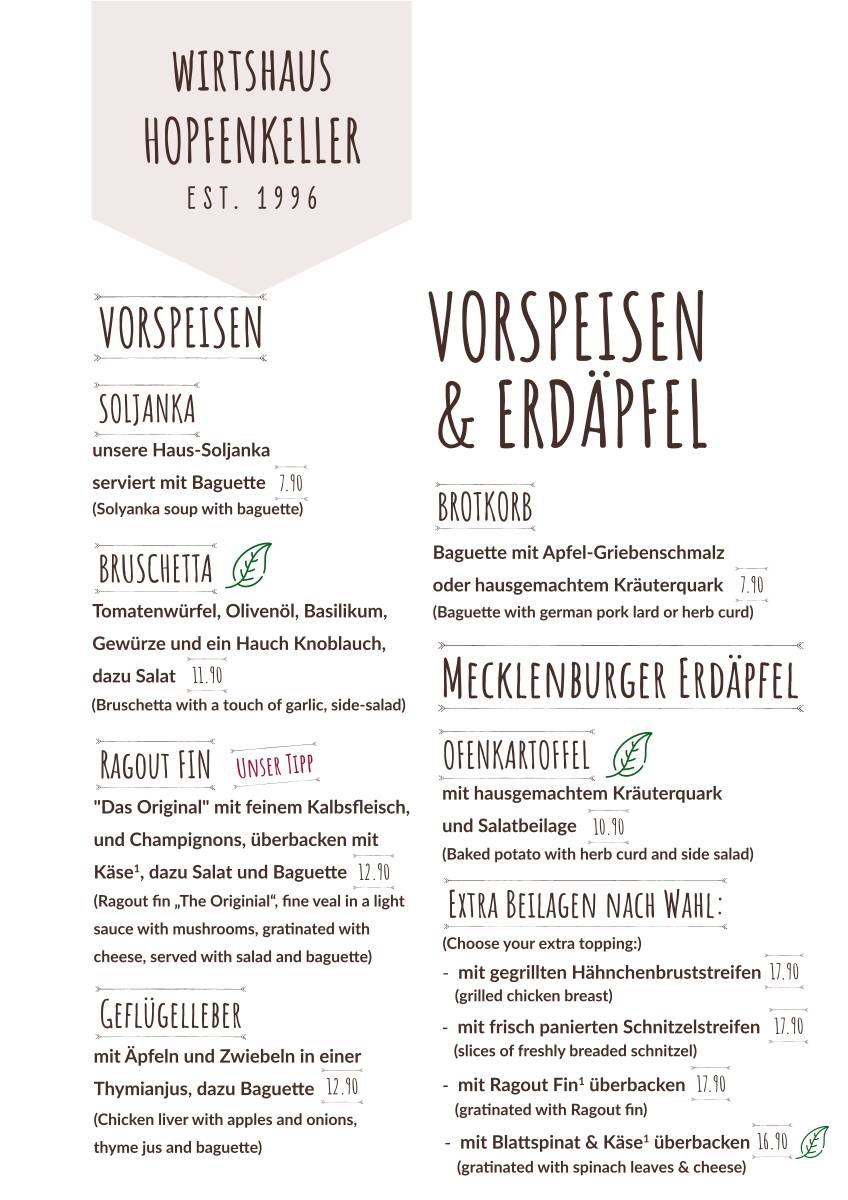 Wirtshaus zum Hopfenkeller меню