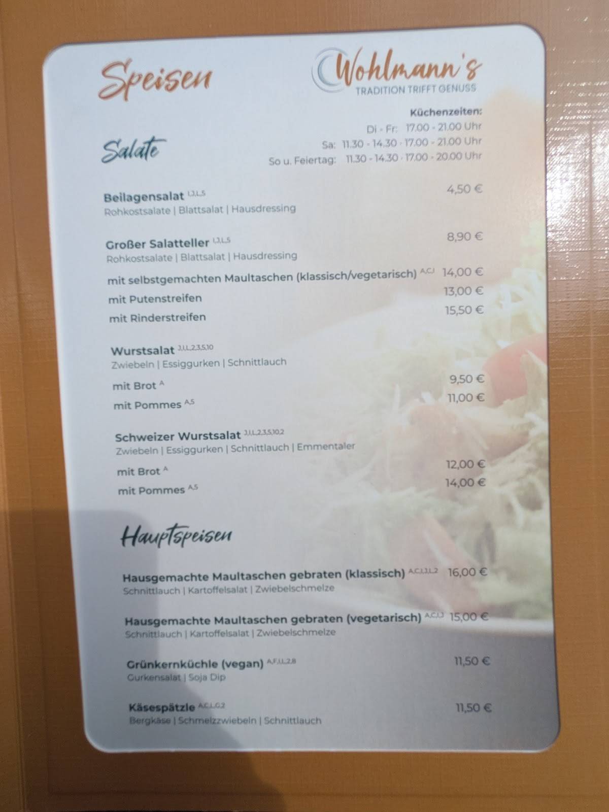 Wohlmann's меню