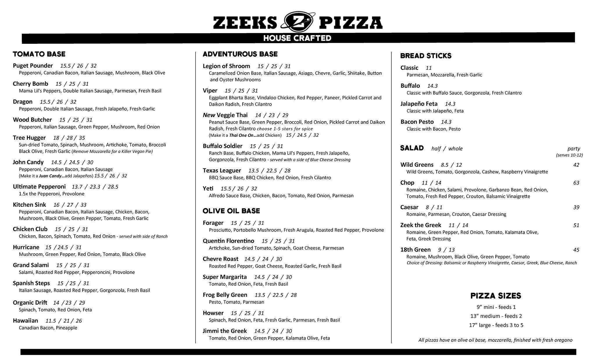 Zeeks Pizza меню