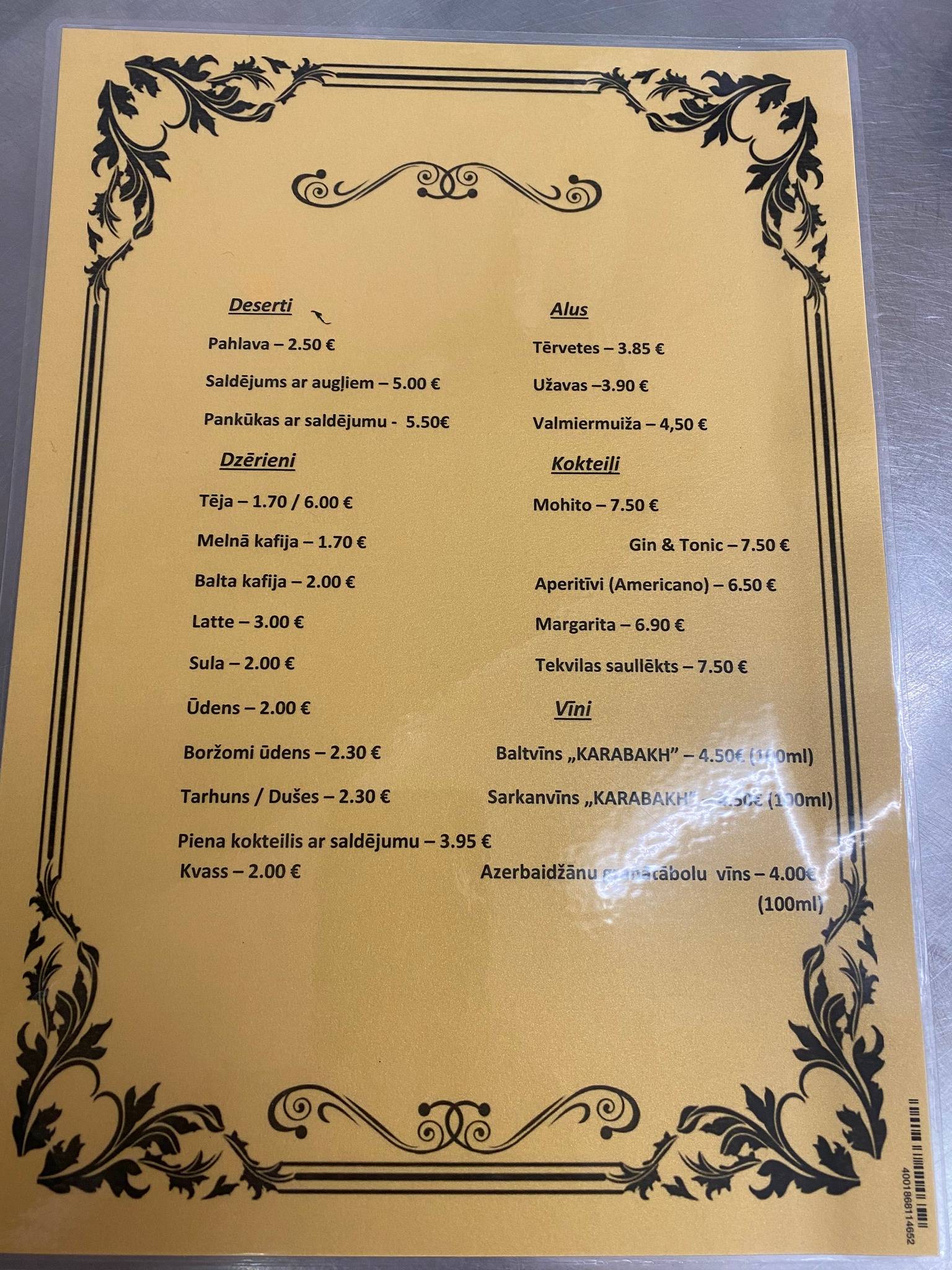 Šeherezade, kafejnīca меню