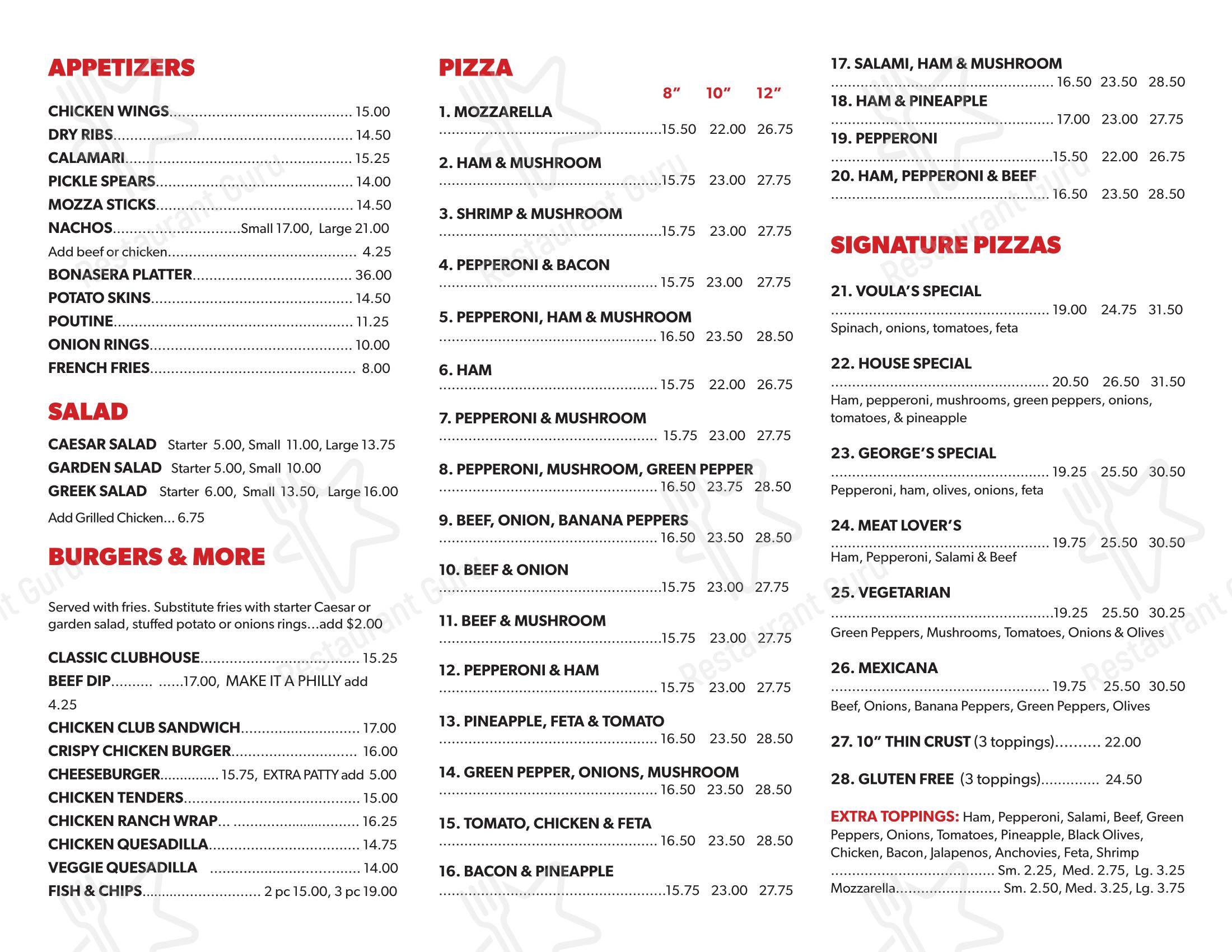 Меню напитков паба и бара Bonasera Pizza & Sports Bar SE в Калгарях