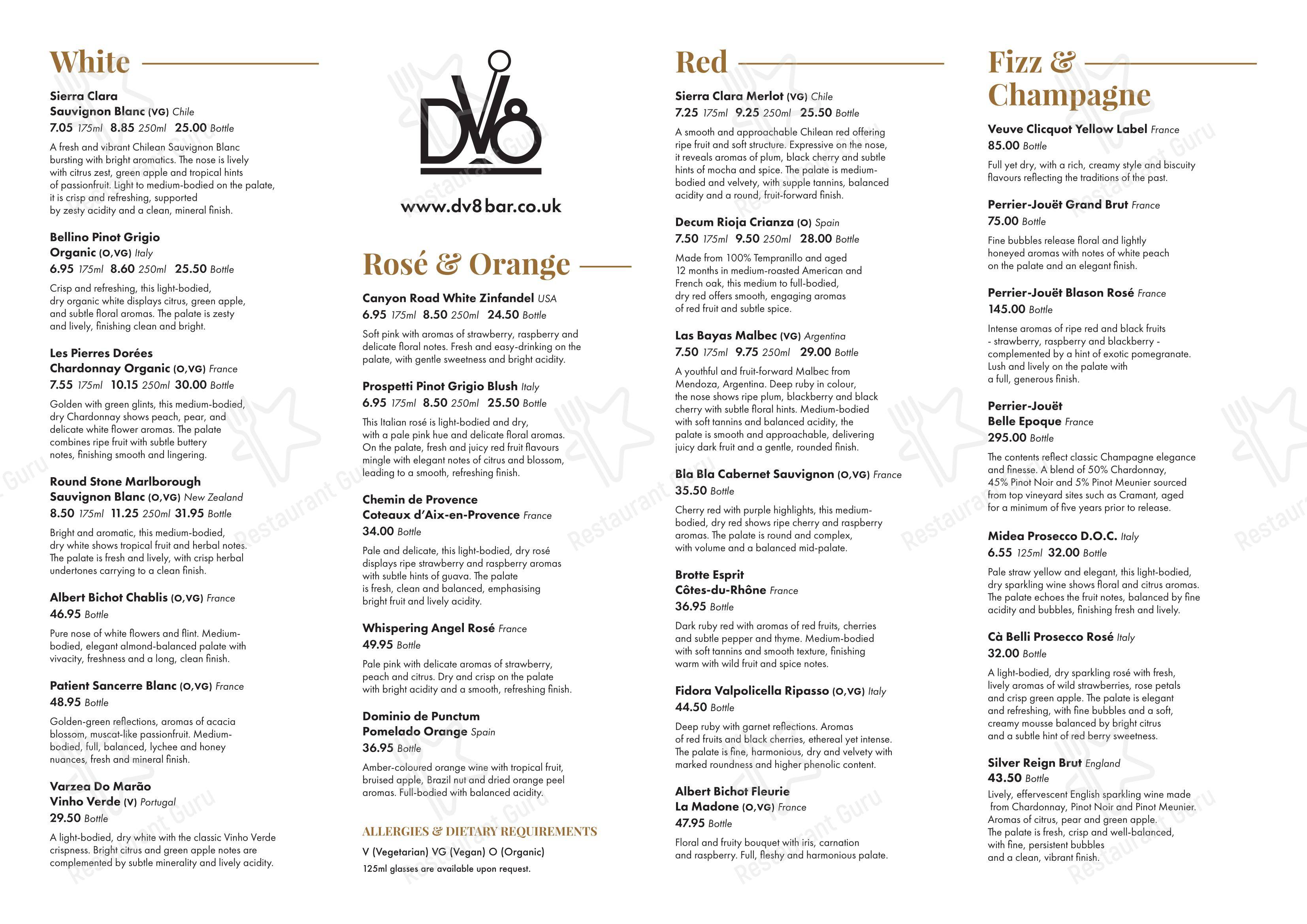 Ночное меню паба и бара DV8 Bar & Lounge в Конглтоне