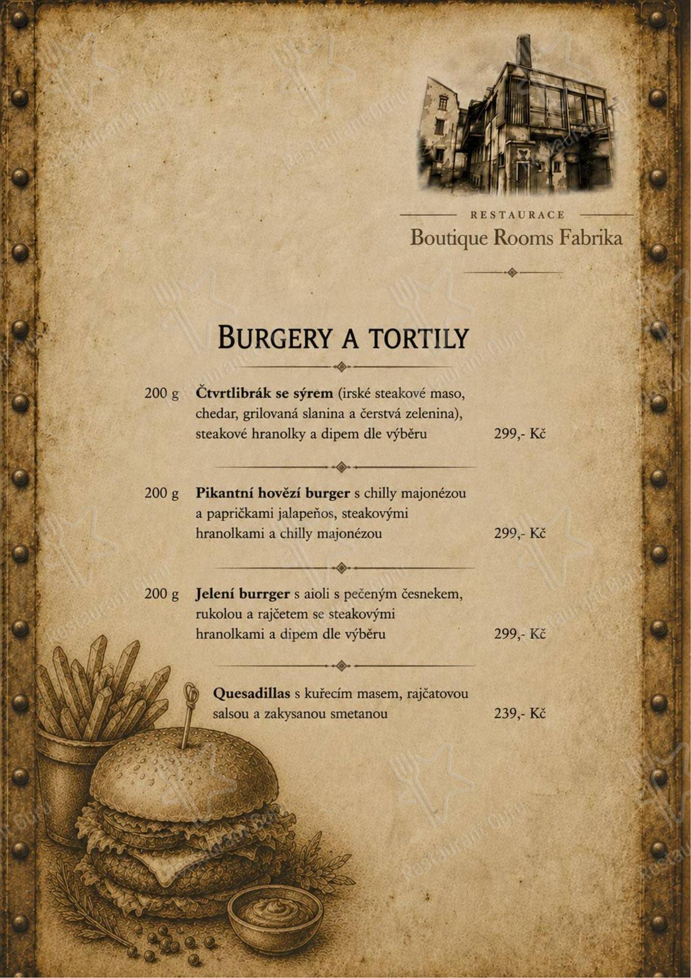 Меню напитков ресторана Restaurace & Boutique Rooms Fabrika в Дечине