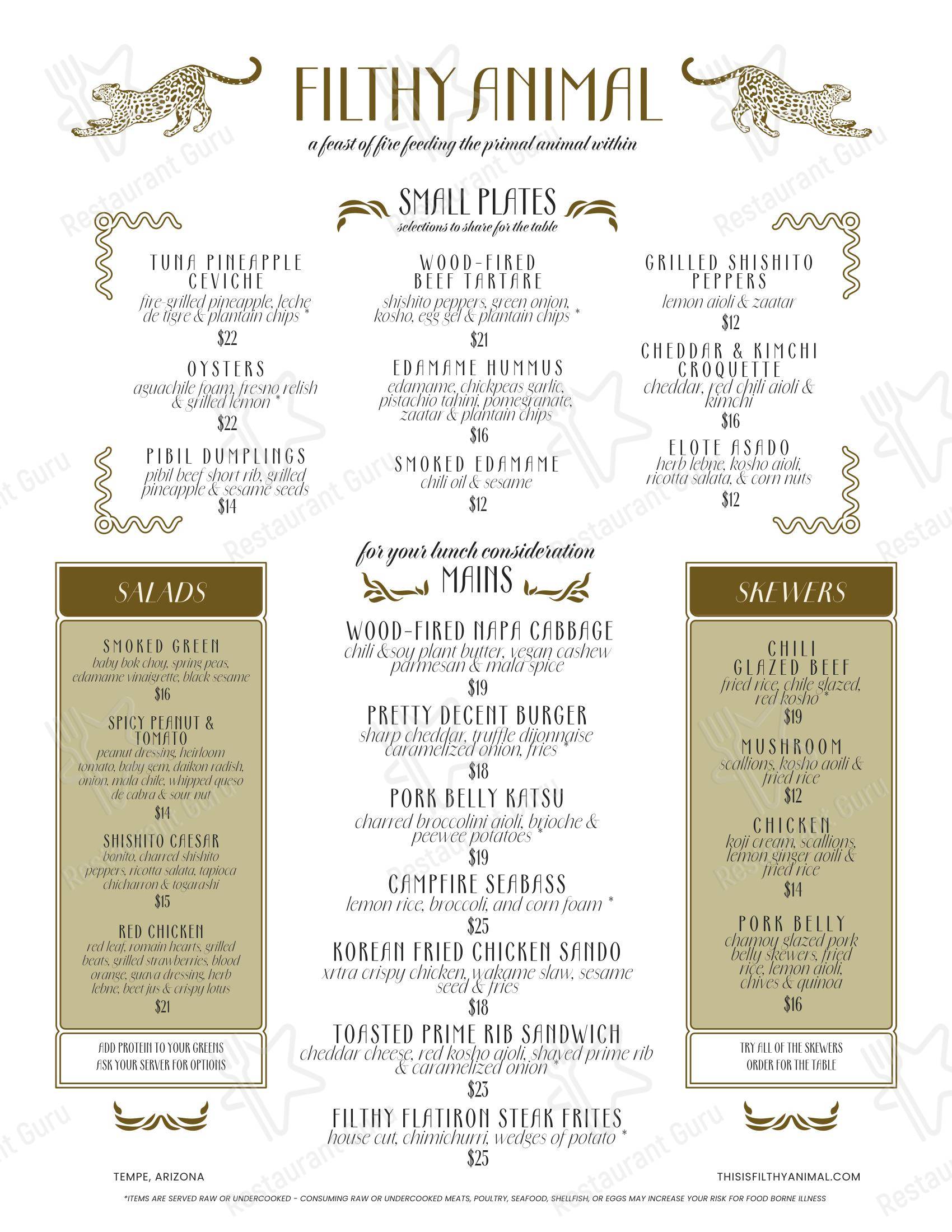 Filthy Animal в Темпе - Takeaway Menu