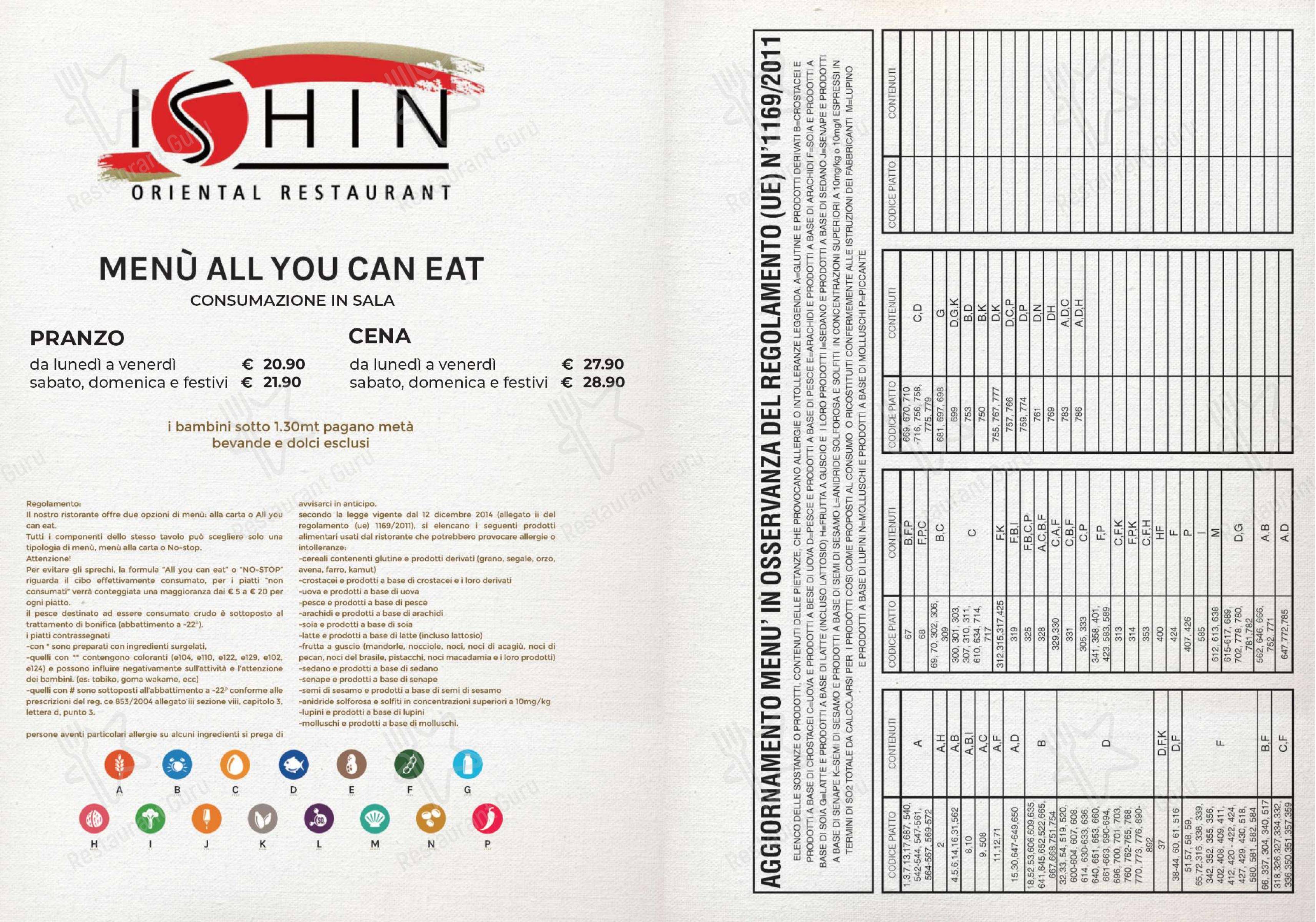 Ishin Ristorante в Риме - Меню