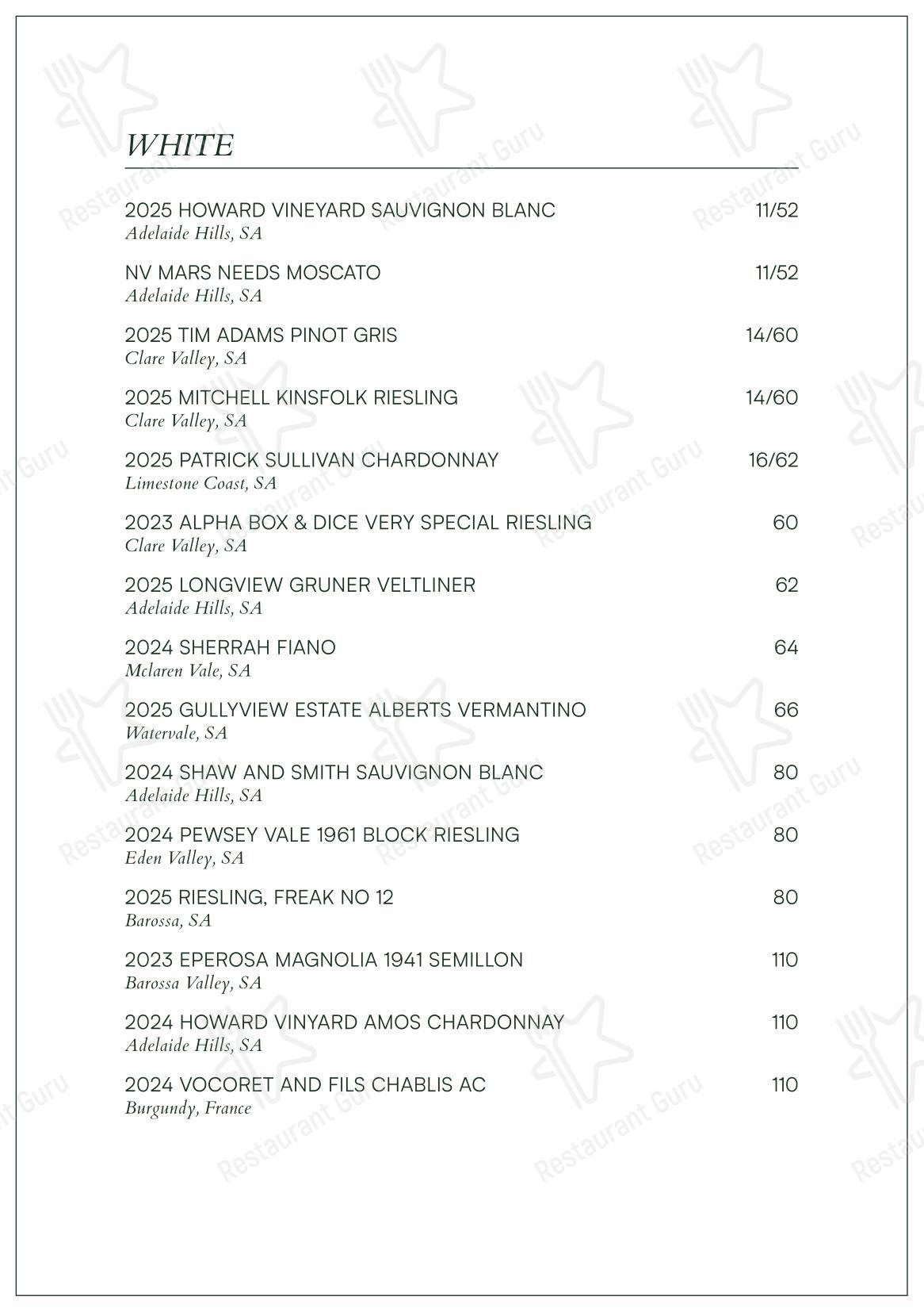 Level One Restaurant @ Electra House Hotel в Аделаиде - Меню