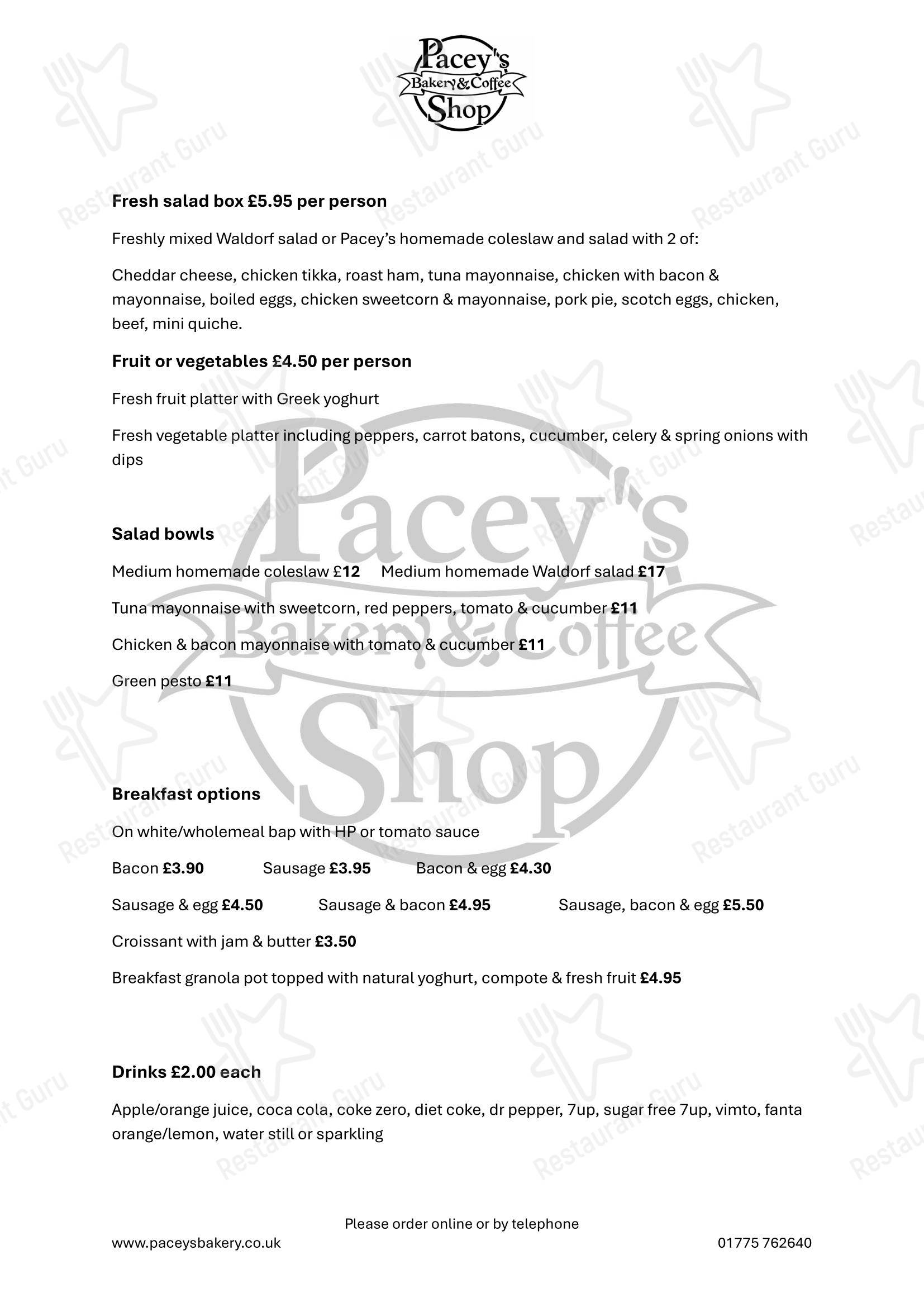 Dinner Menu кафе Pacey's Bakery