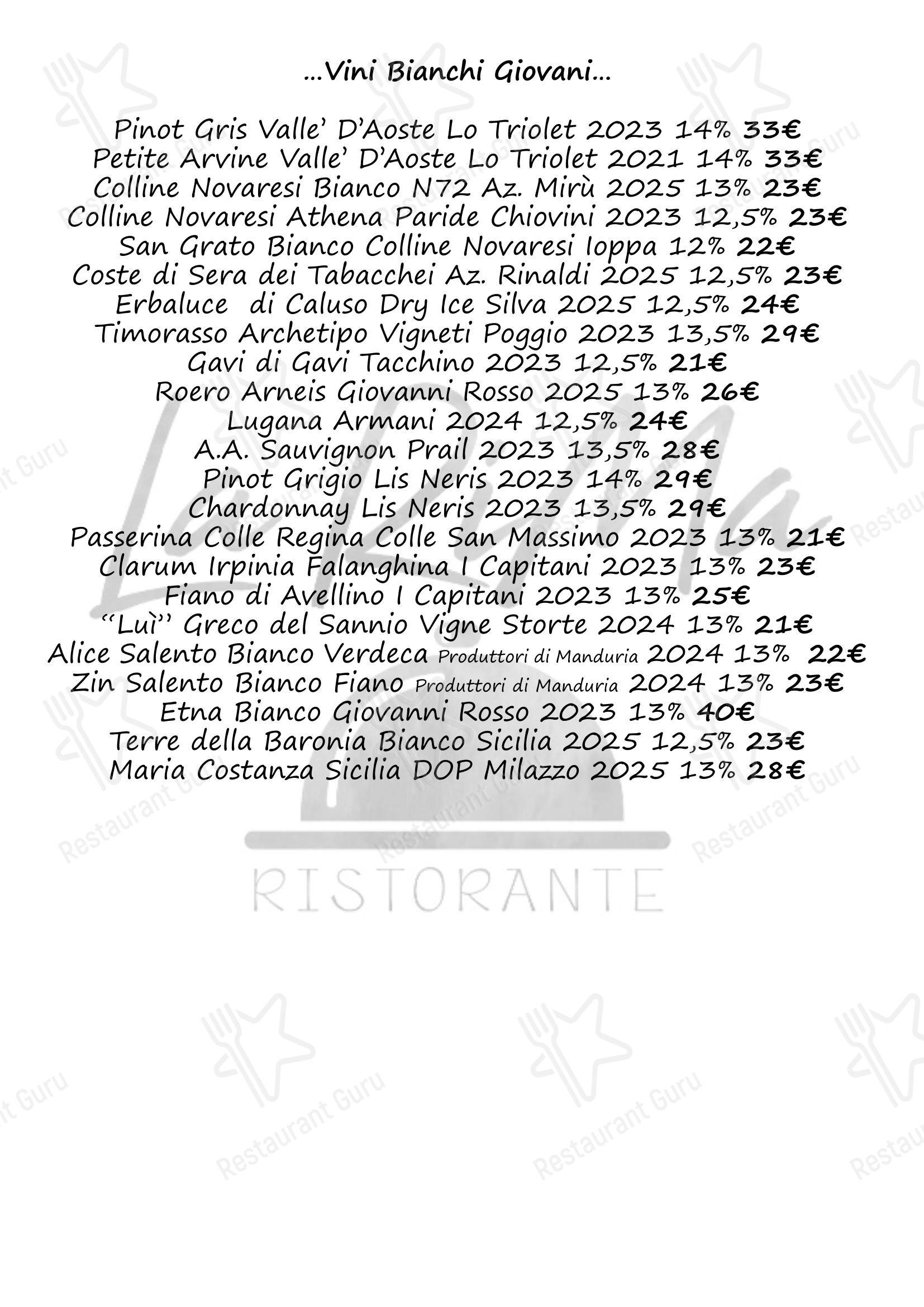Основное меню ресторана Ristorante La Rima
