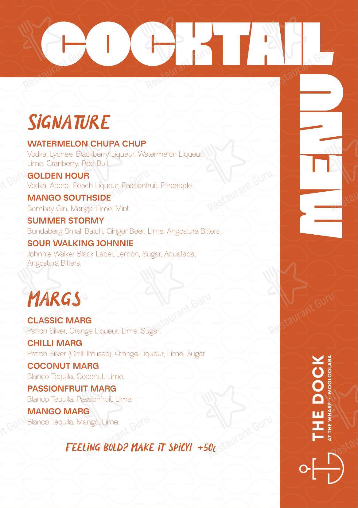 Меню паба и бара The Dock Mooloolaba - Dinner Menu