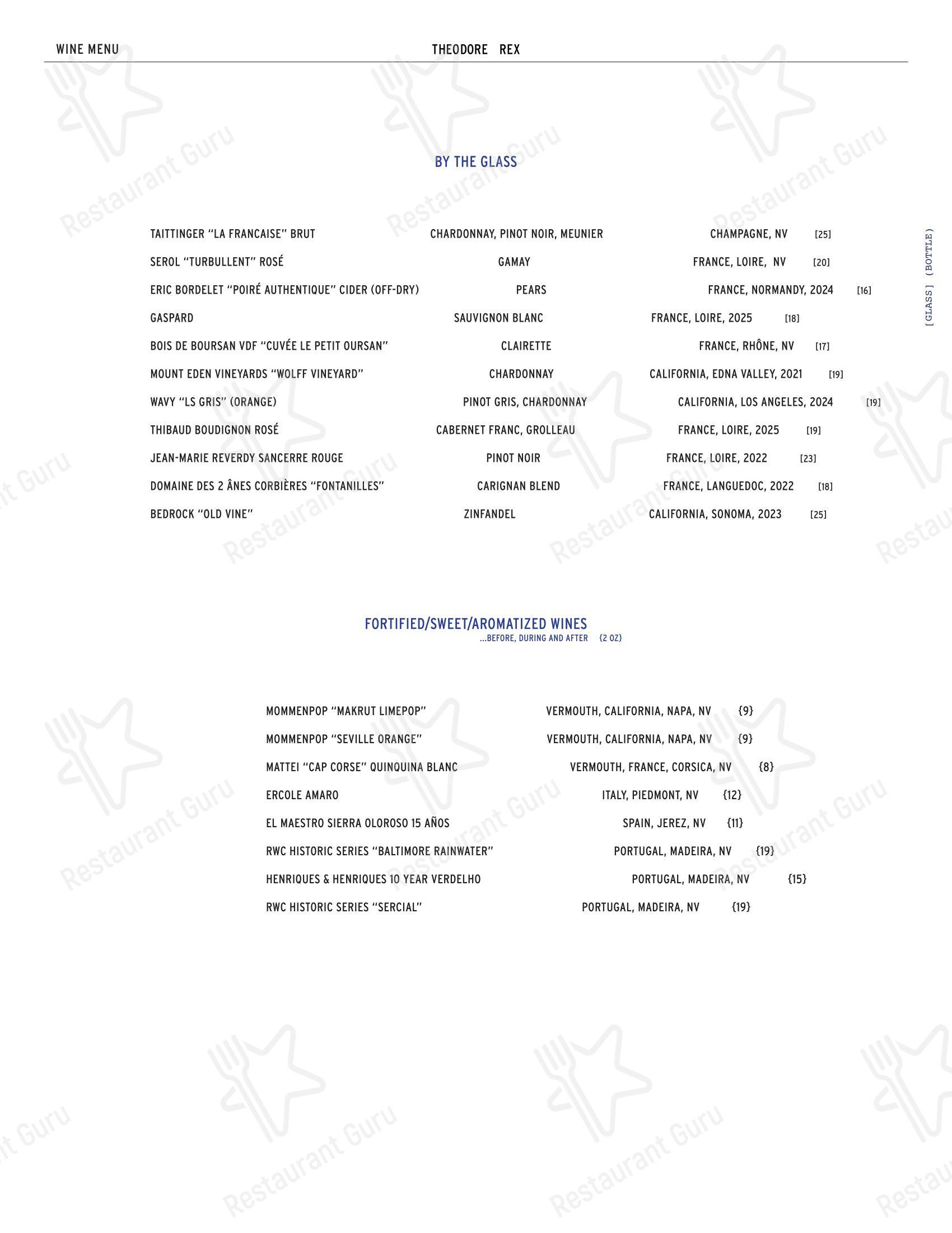 Dinner Menu ресторана Theodore Rex в Хьюстоне