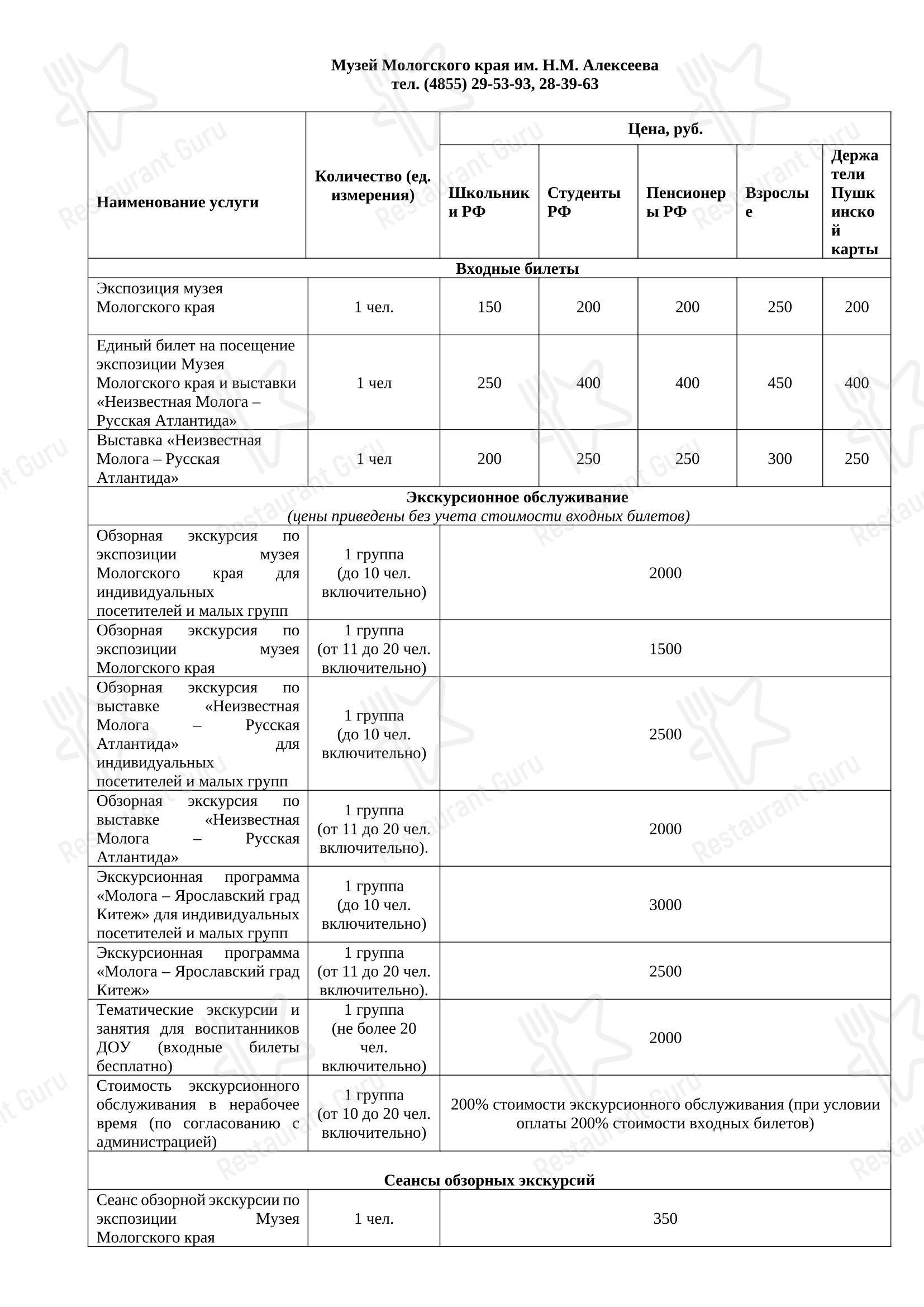 Основное меню кафе 12 Стульев в Рыбинске