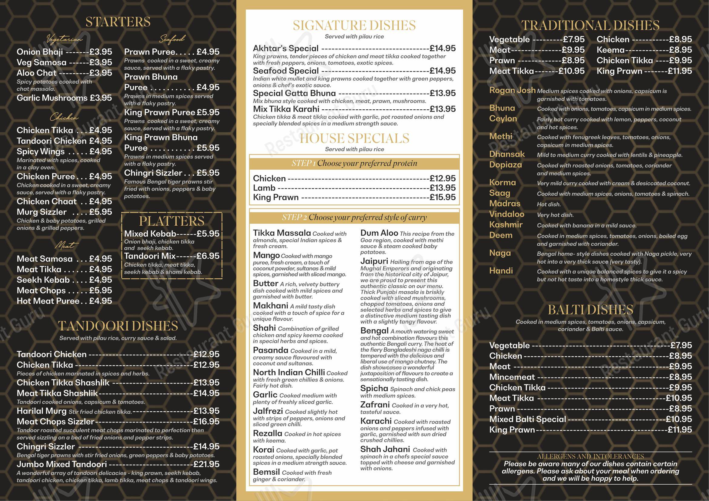 Меню ресторана Akhtars Restaurant в Шеффилде