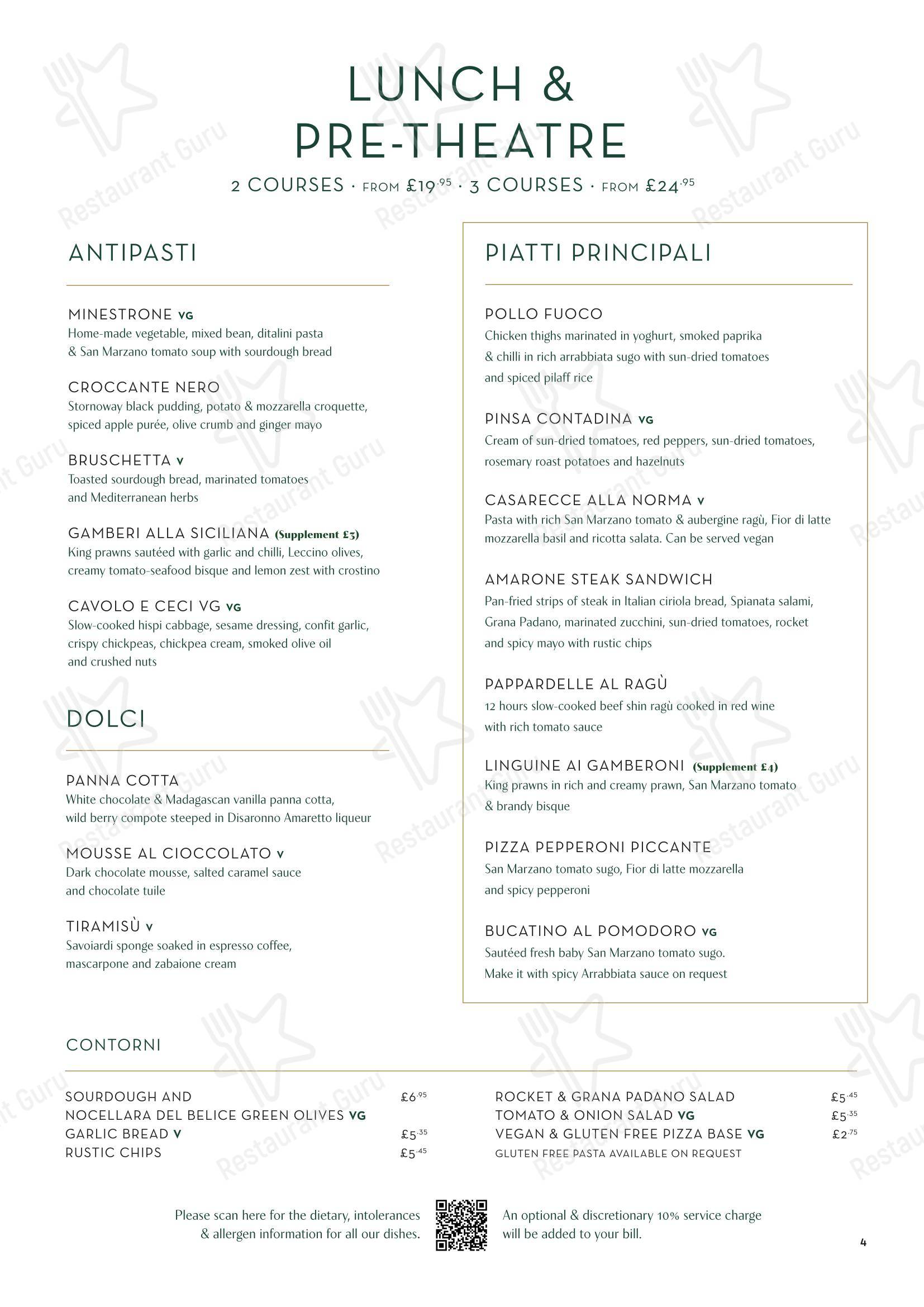 Restaurant Menu паба и бара Amarone в Эдинбурге