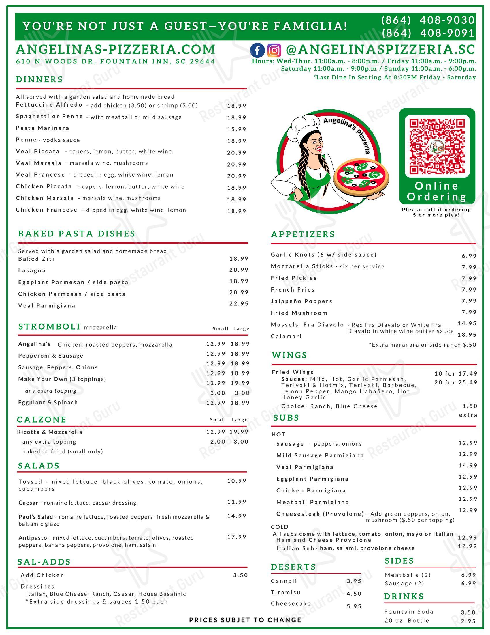 Angelina’s Pizzeria в Фонтейне Инн - Меню