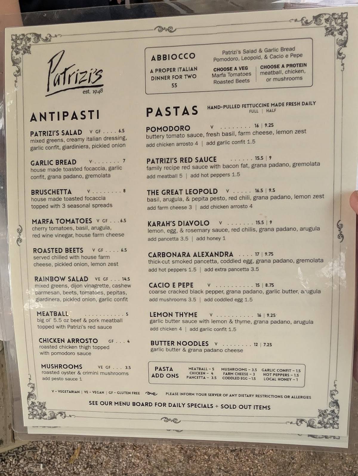 Patrizi's меню