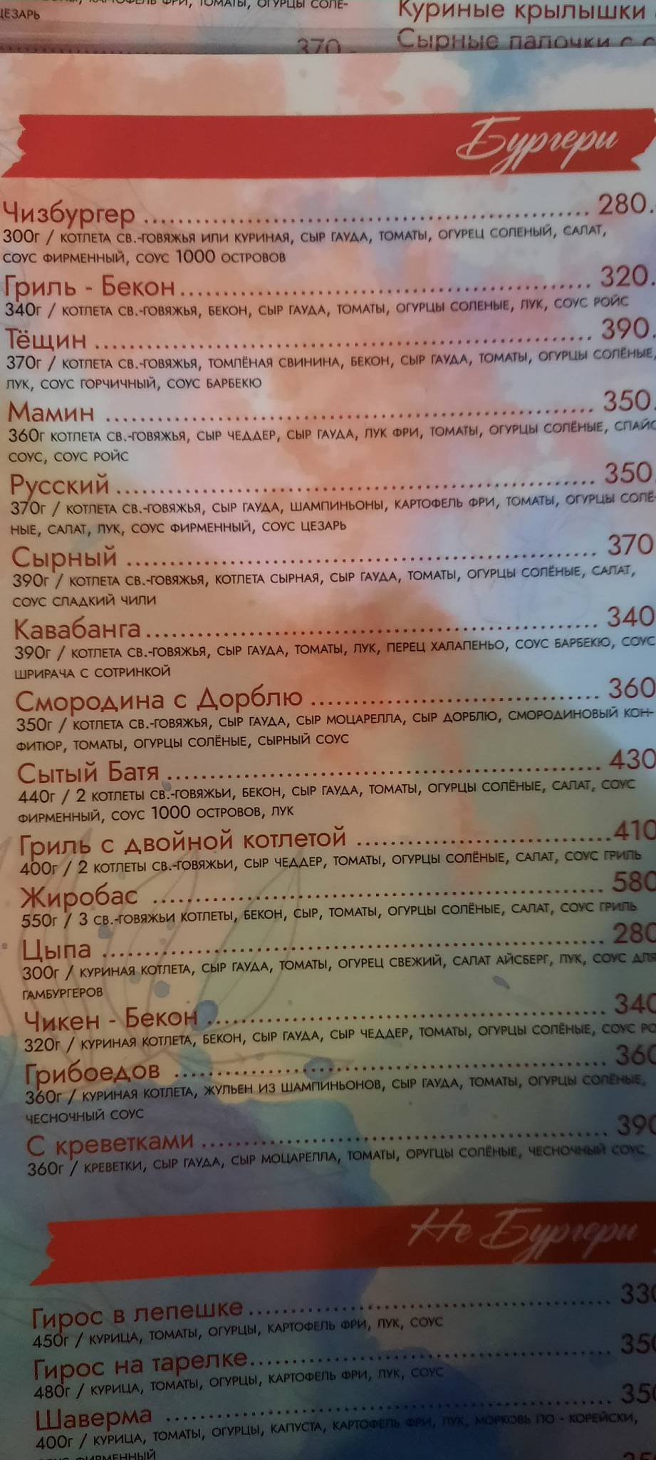 Бургеры и пицца ВВ меню