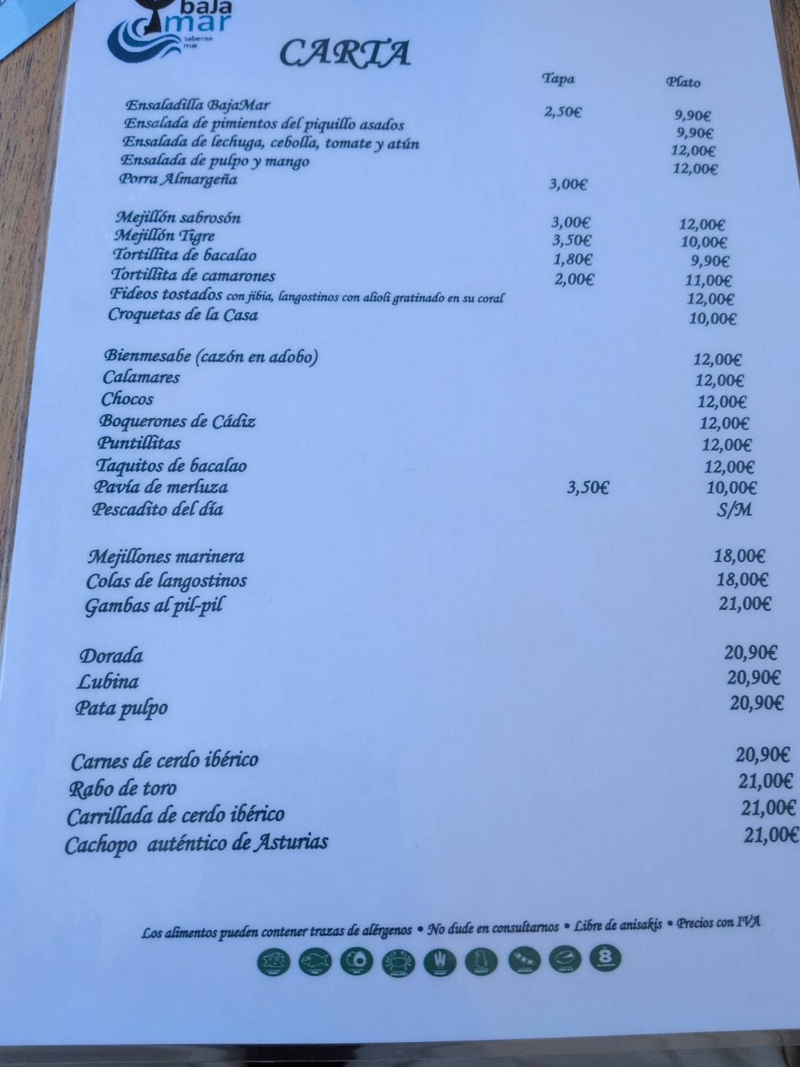 BajaMar taberna mar меню