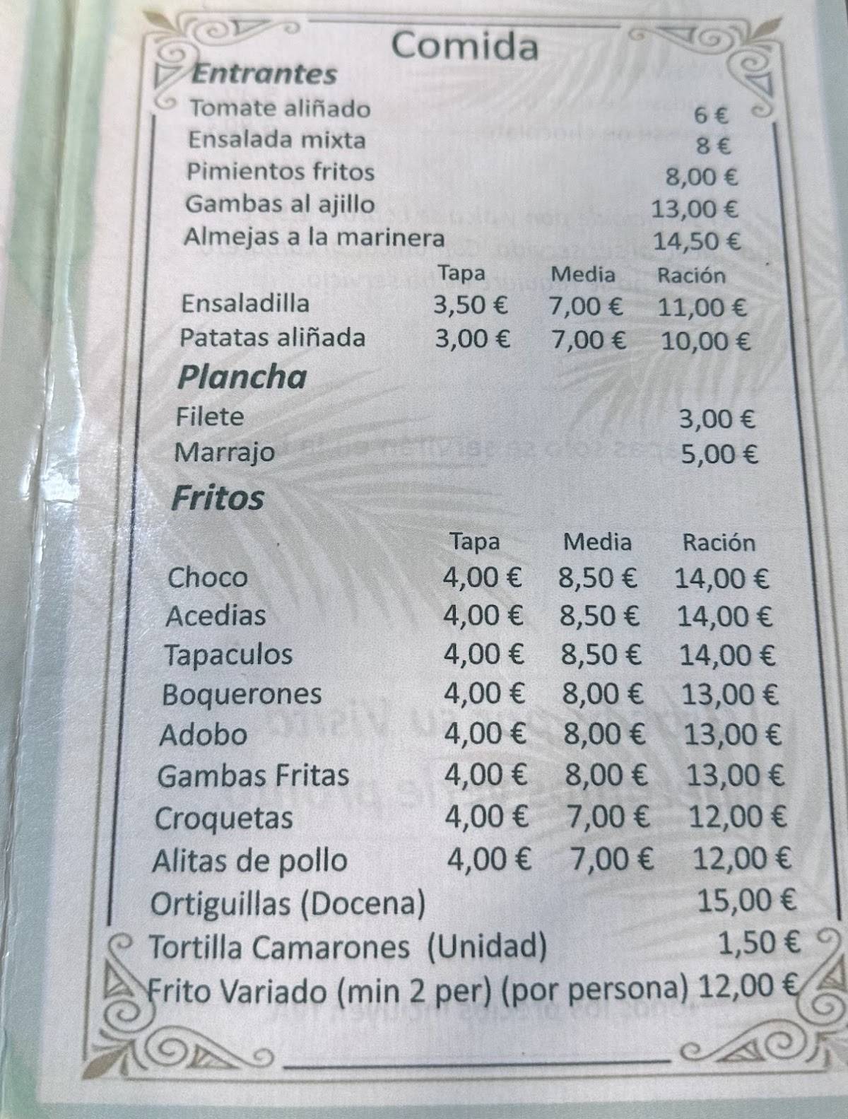 Bar Palma меню