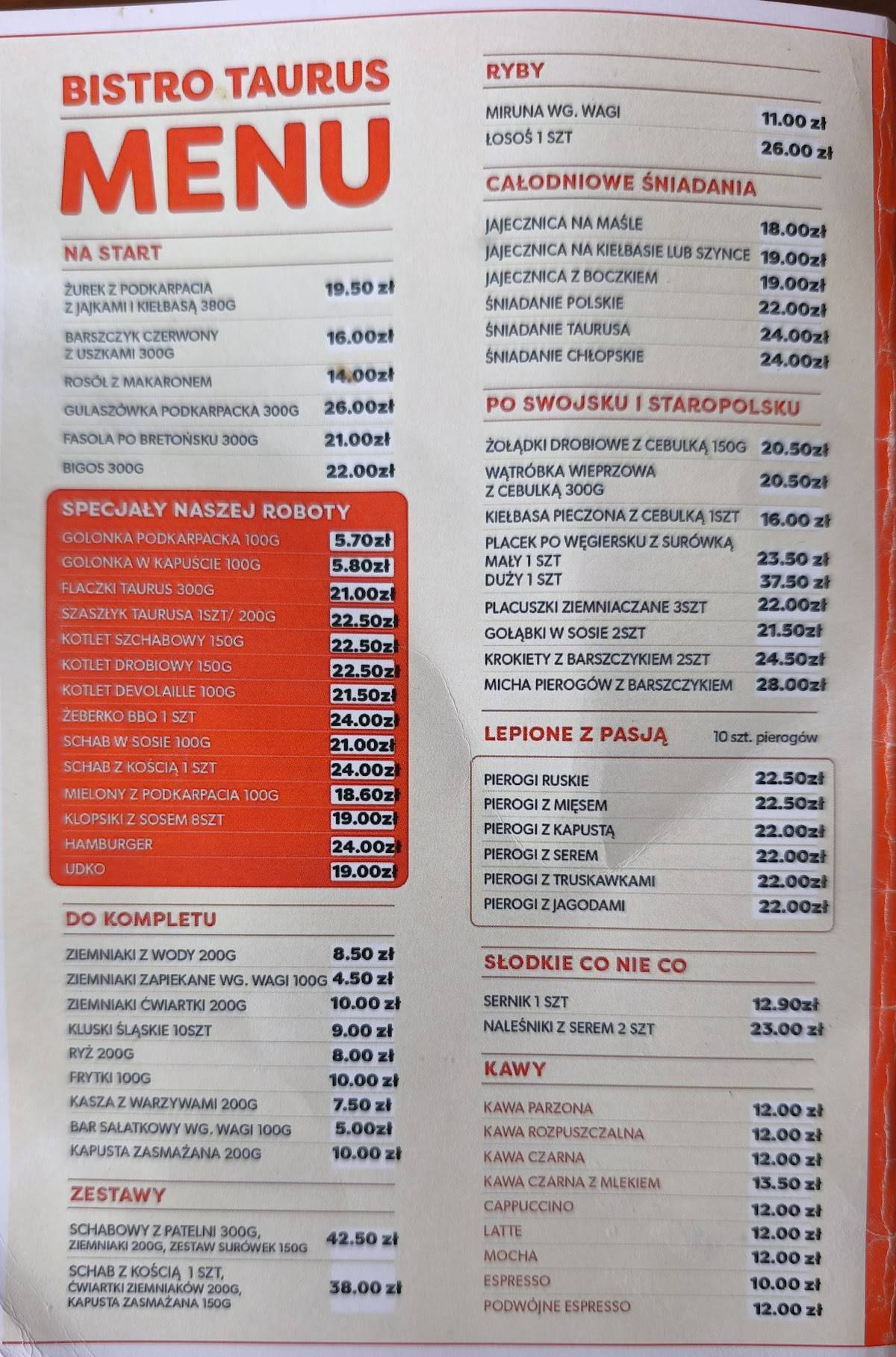 Bar Taurus Pilzno меню