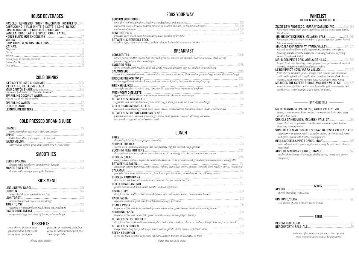 BetweenUs Coffee Food Wine меню