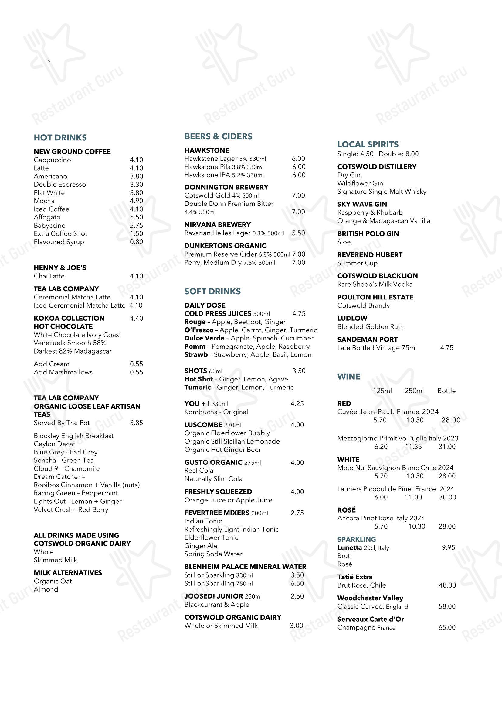Основное меню кафе Blockley Café