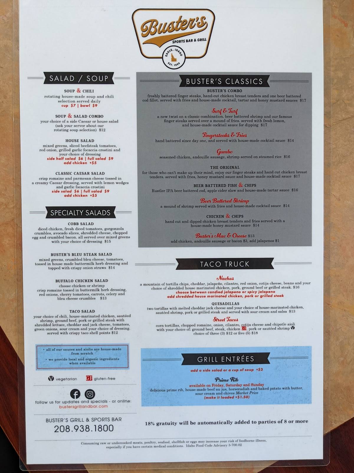 Buster's Grill & Sports Bar меню