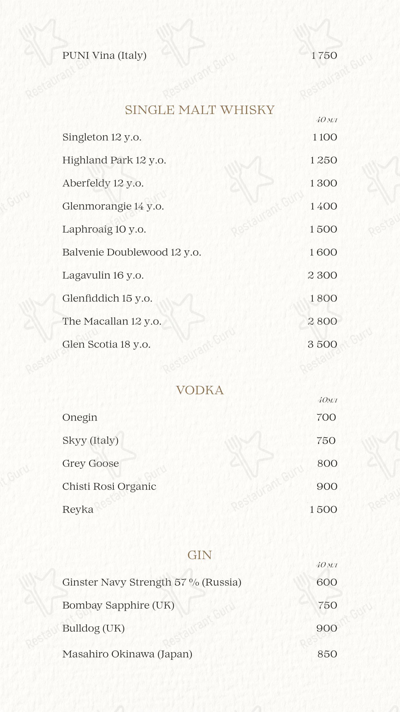 Brera в Москве - Dinner Menu