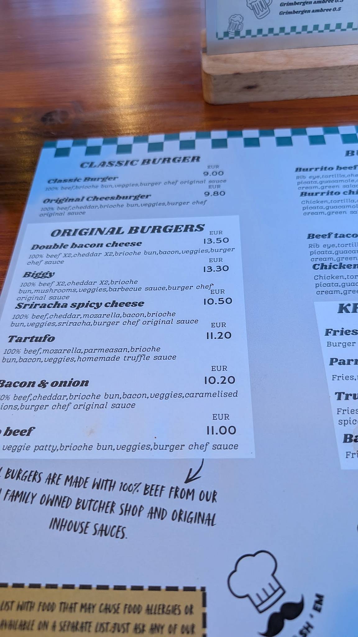Burger Chef's меню