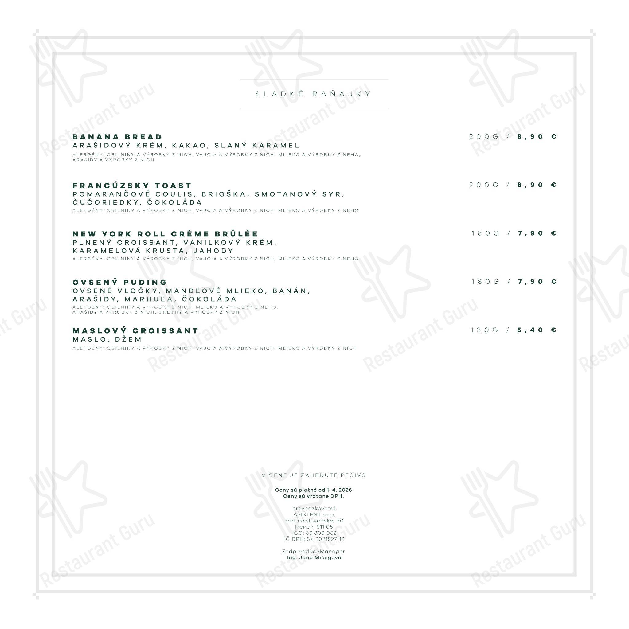 CLOCK Coffee & Bar в Тренчине - Основное меню