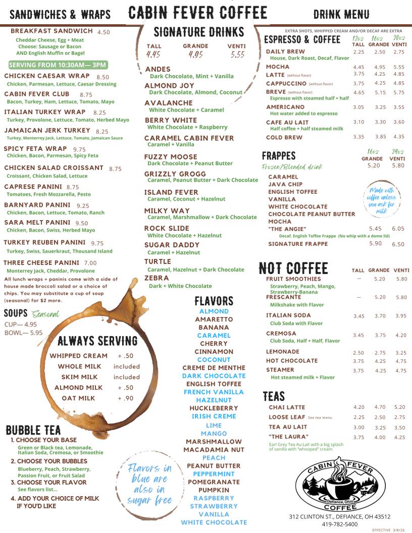 Cabin Fever Coffee (Downtown) меню
