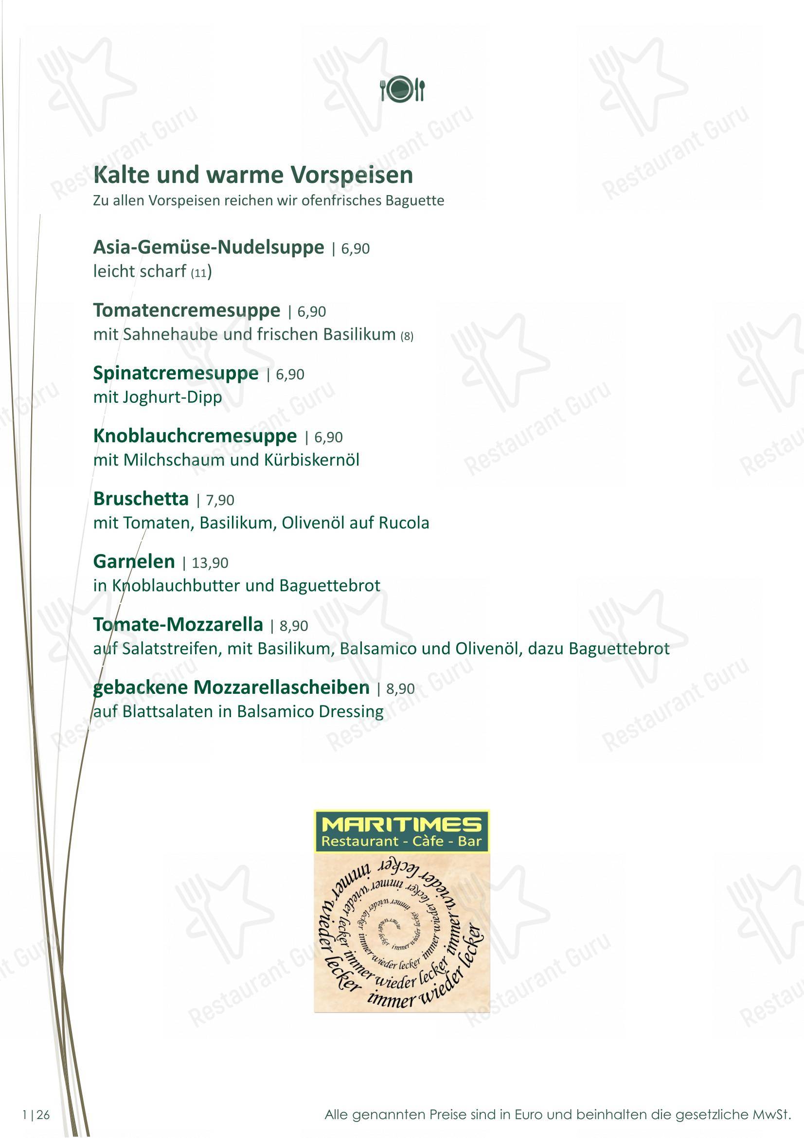 Меню ресторана Cafe Restaurant Maritimes