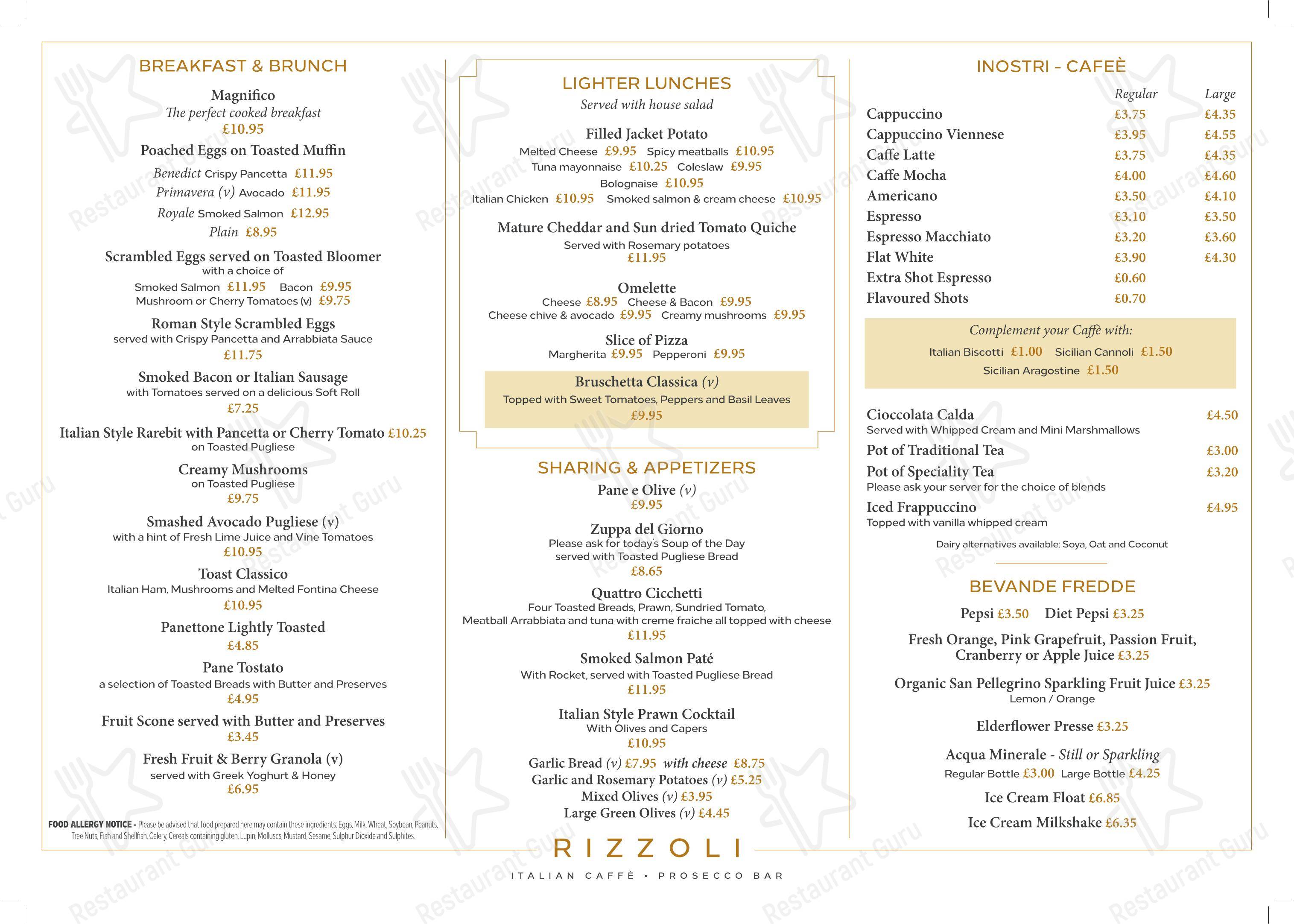 Меню ресторана Caffè Rizzoli