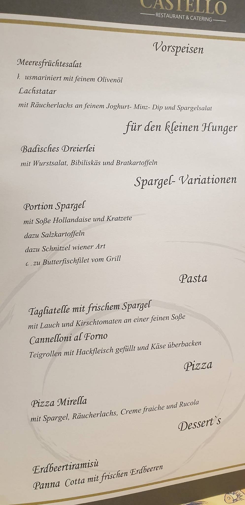 Castello Restaurant Pizzeria Catering меню