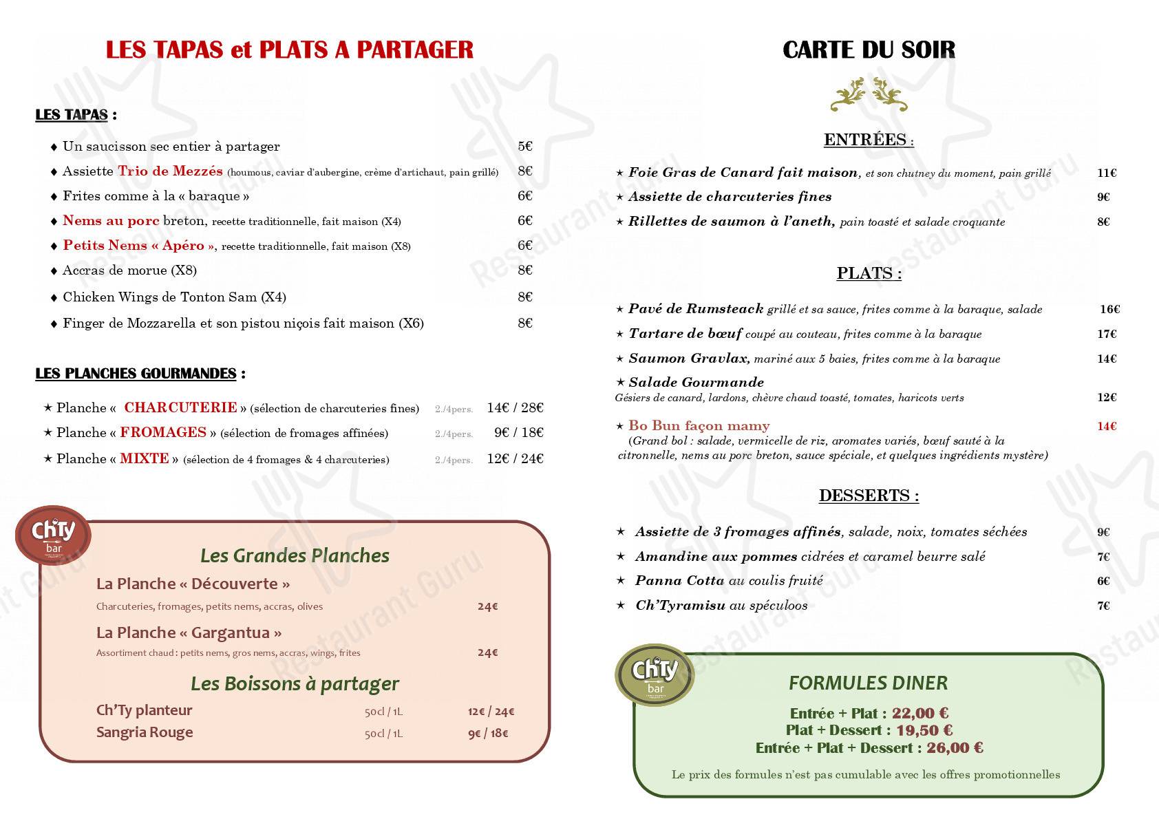 Меню Ch'Ty Bar - Restaurant Rennes - блюда и напитки